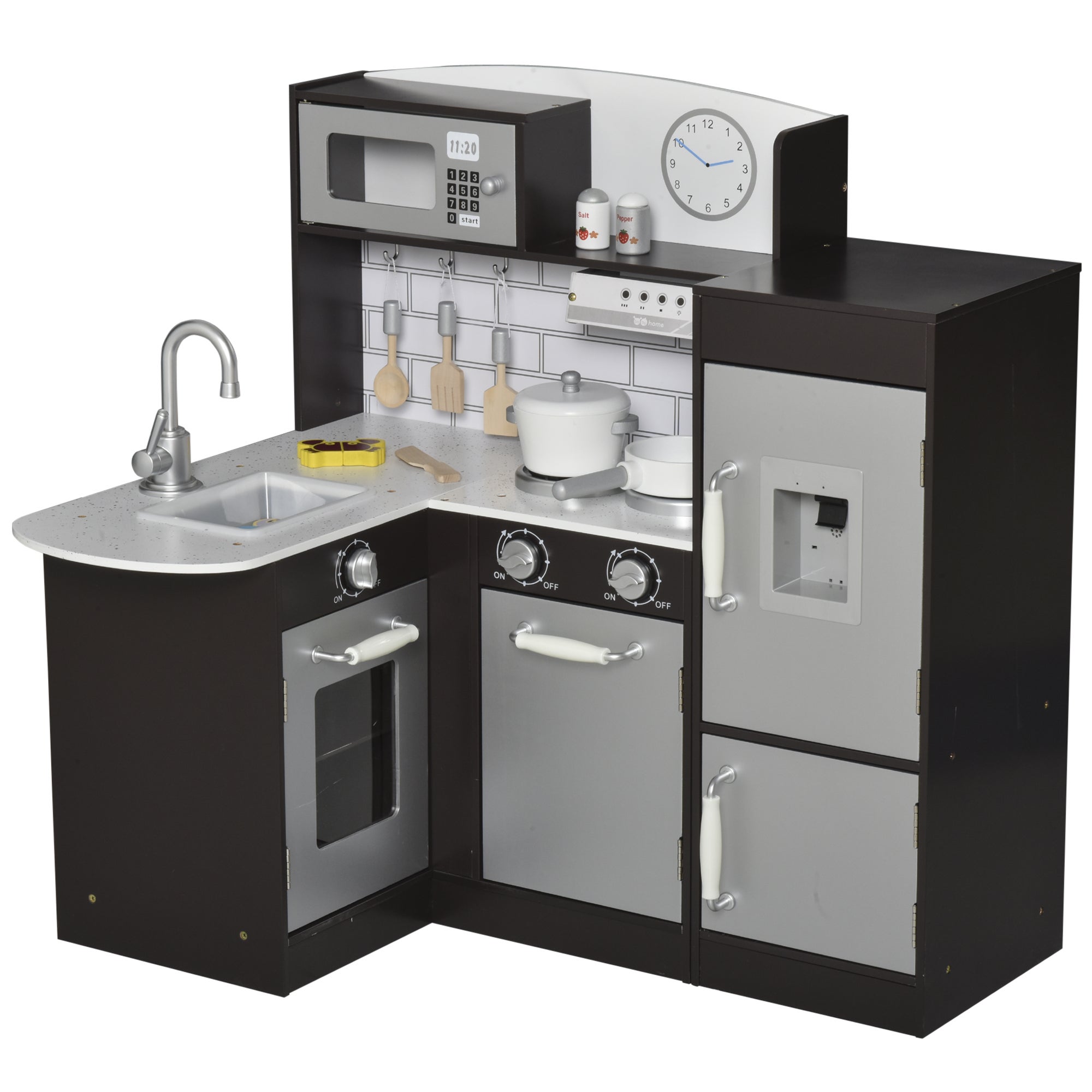 Cuisine jouet en bois pour enfants avec 14 accessoires, âge 3,86 x64x84, 5cm, four, évier, réfrigérateur et micro-ondes, ans, argenté et marron | Leroy Merlin