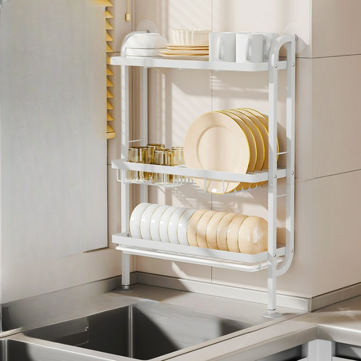 Wąska i minimalistyczna suszarka na naczynia, wielofunkcyjna półka kuchenna, wielopoziomowa suszarka na naczynia, bez wiercenia, biała