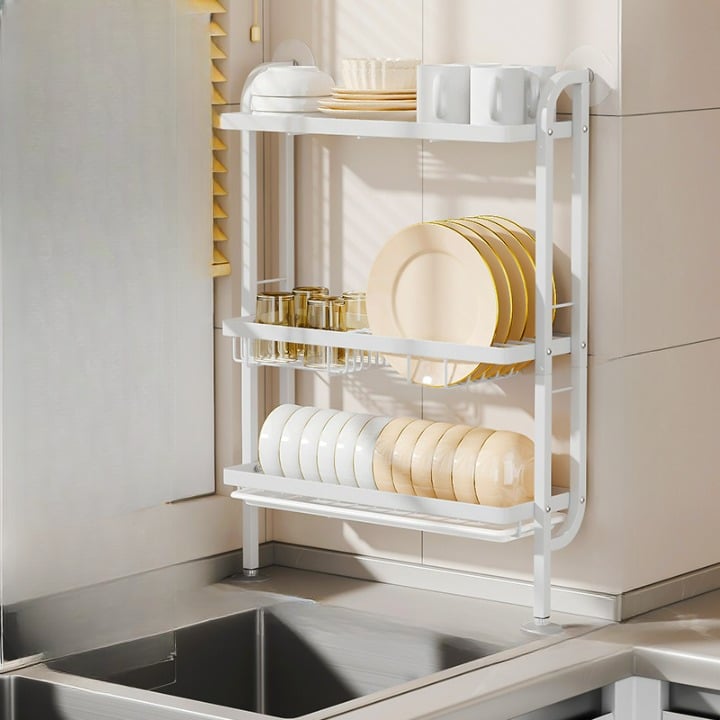 Wąska i minimalistyczna suszarka na naczynia, wielofunkcyjna półka kuchenna, wielopoziomowa suszarka na naczynia, bez wiercenia, biała
