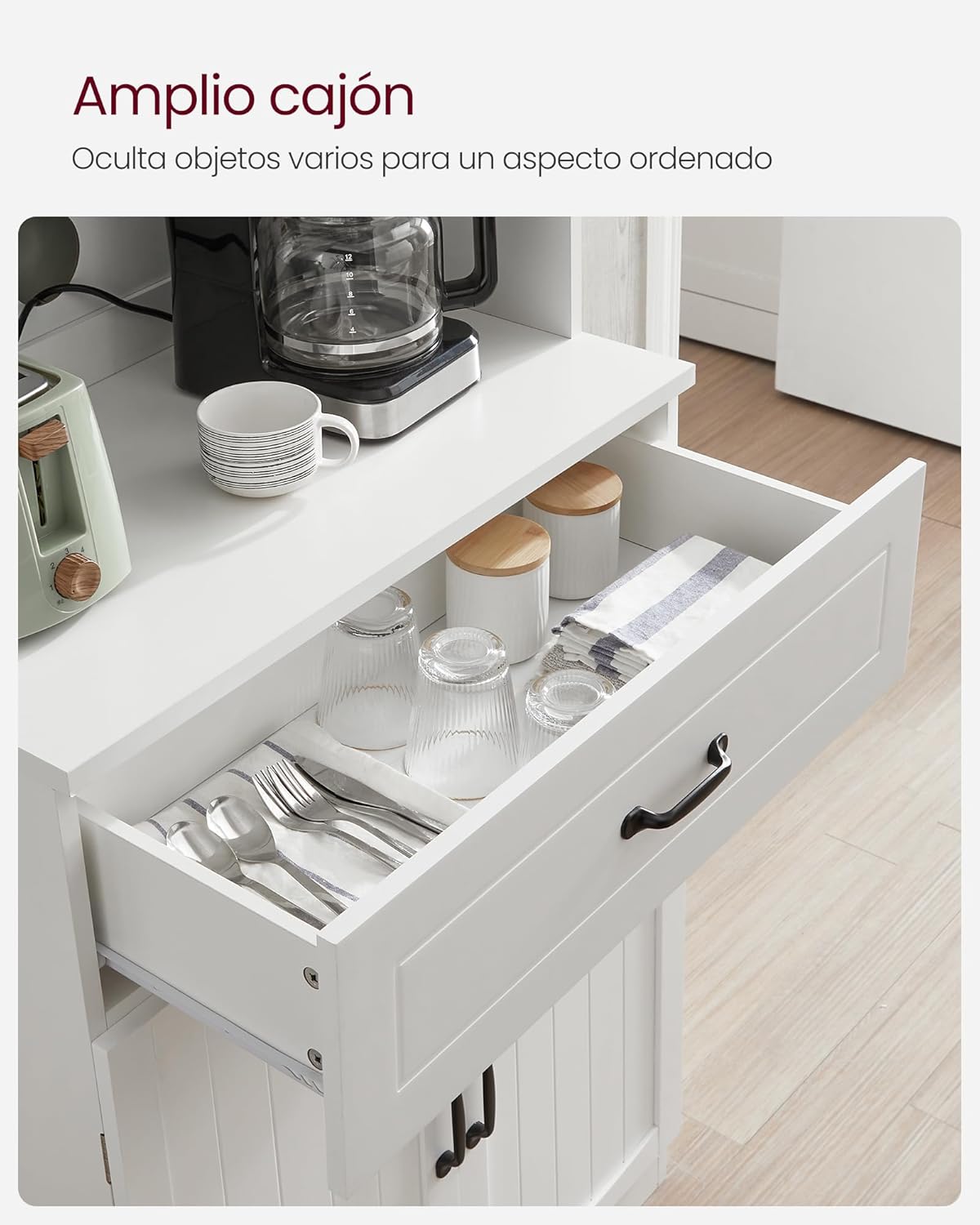 Armario Alto, Armario de Cocina con Puertas de Cristal y Estantes Ajustables, Cajón, Orificio para Cables, para Microondas, Estilo Moderno, Blanco - 5