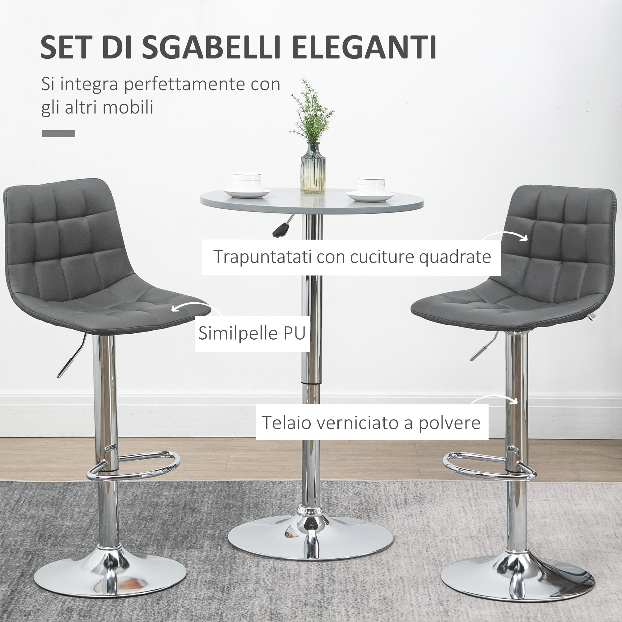 HOMCOM Set 2 Sgabelli da Bar Girevoli in Similpelle con Schienale e Poggiapiedi, 42x45x89-110cm, Grigio - 4