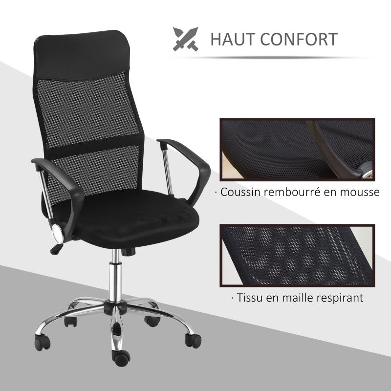 Fauteuil de bureau manager grand confort dossier ergonomique hauteur assise réglable pivotant tissu maille noir - 5