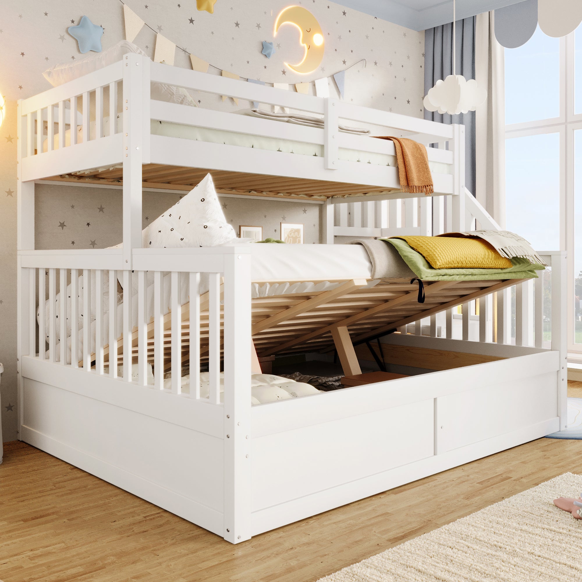 Lit superposé en bois 90x200 et 140x200 cm, lit coffre en dessous avec sommier à lattes, lit d'enfant avec échelle rangement, blanc (sans matelas) - 5