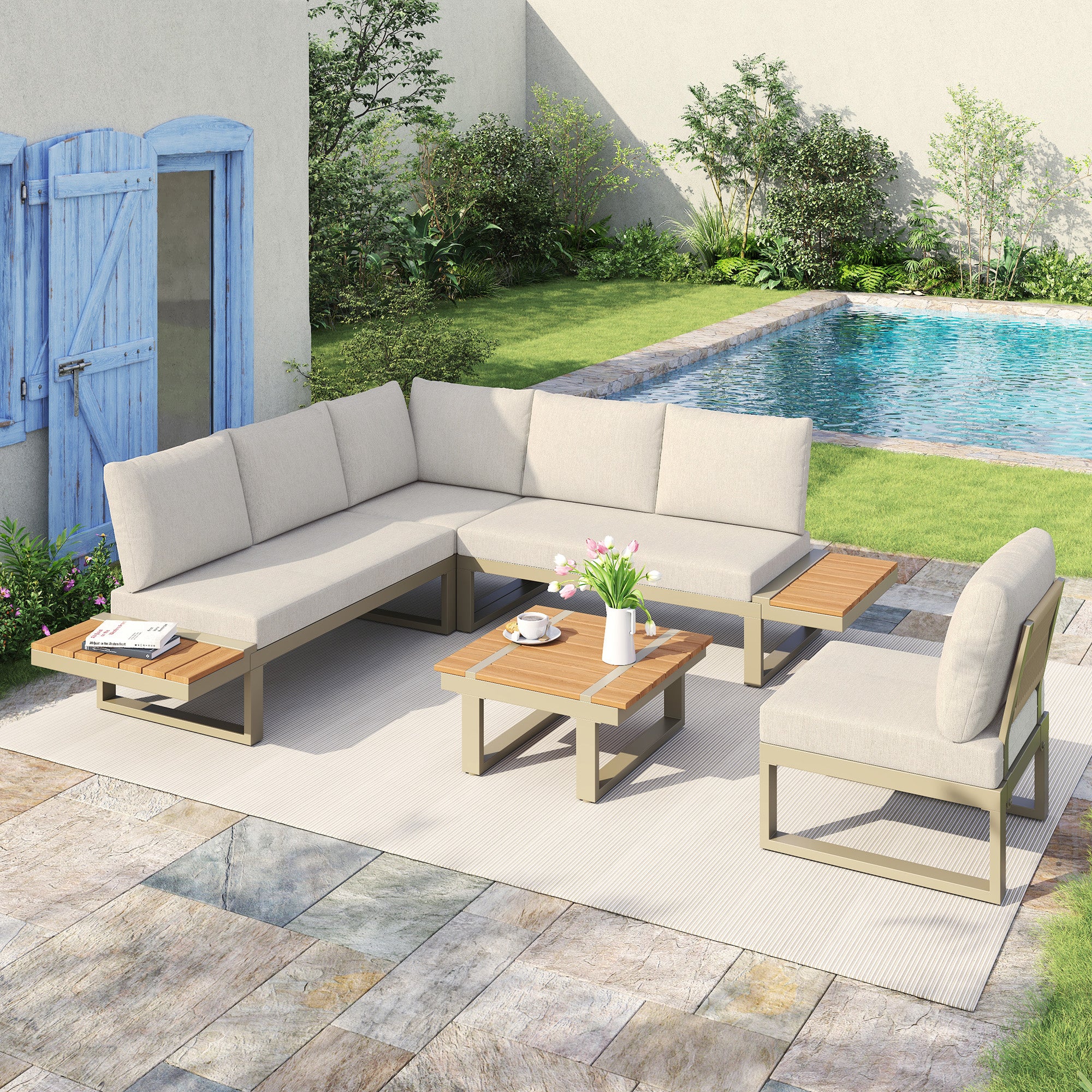 Salon de jardin en acier galvanisé 6 places : 2 canapés 3 places avec fonction d'inclinaison + table basse carrée en imitation bois - Beige - 2