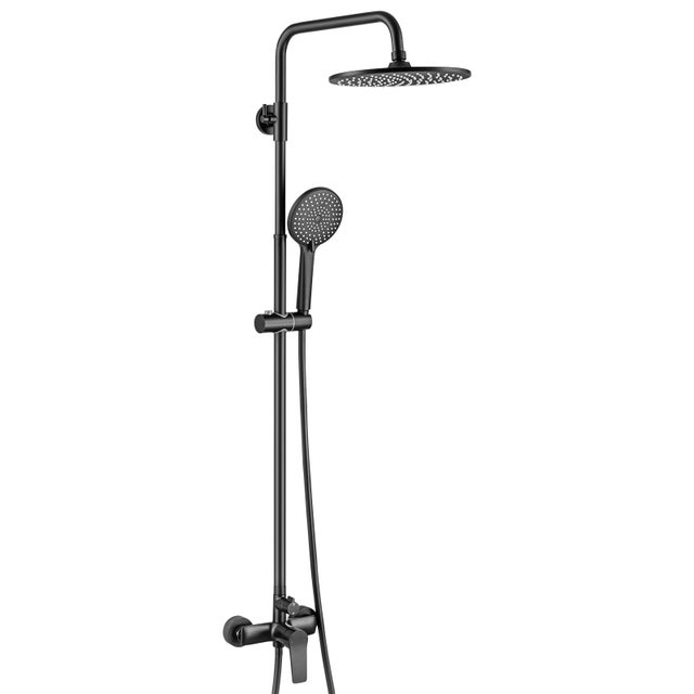 Colonne de Douche Noir avec Mitigeur Douche en Laiton,Réglable Hauteur 930-1300mm,Système Douche avec Tête de Douche Ronde 25CM/Douchette 3 Jets