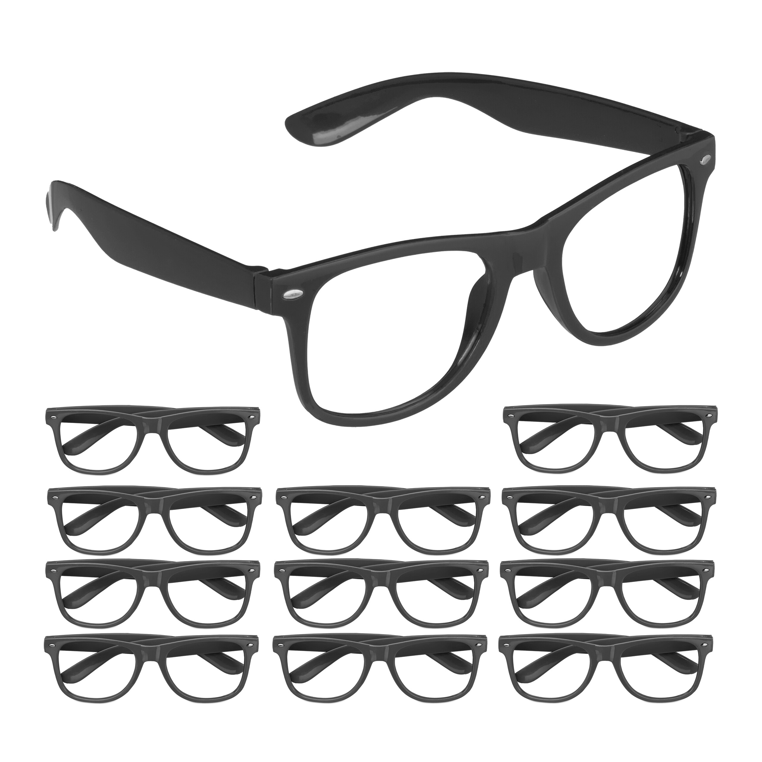 Relaxdays pack 12 gafas de fiesta, lentes carnavales o festivales, plástico, anteojos sin vidrios estilo friki, negro