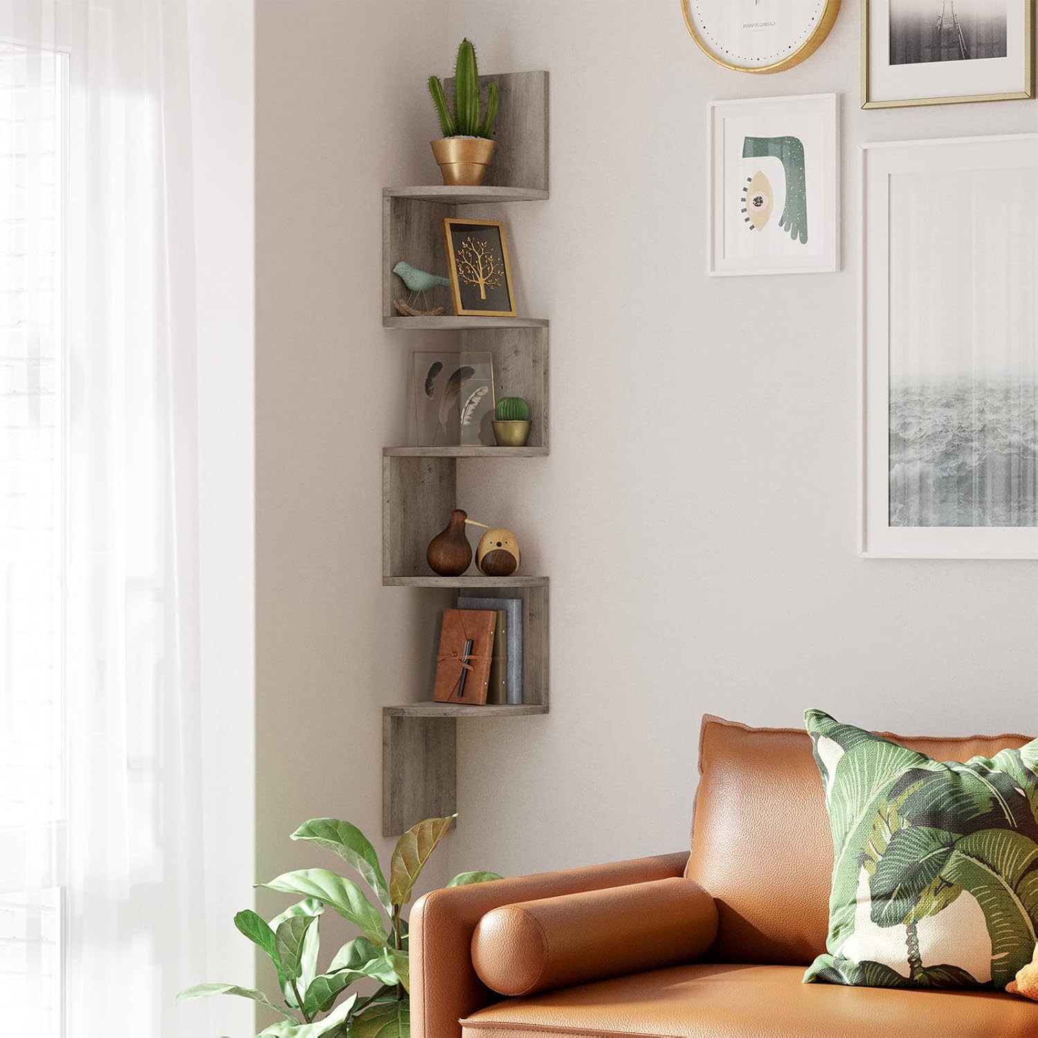 EstanterÍa de Esquina en Pared, EstanterÍa Esquinera de 5 Niveles, Estanteria Libros, para Dormitorio, Sala de Estar, BaÑo, Oficina en Casa, Greige - 2