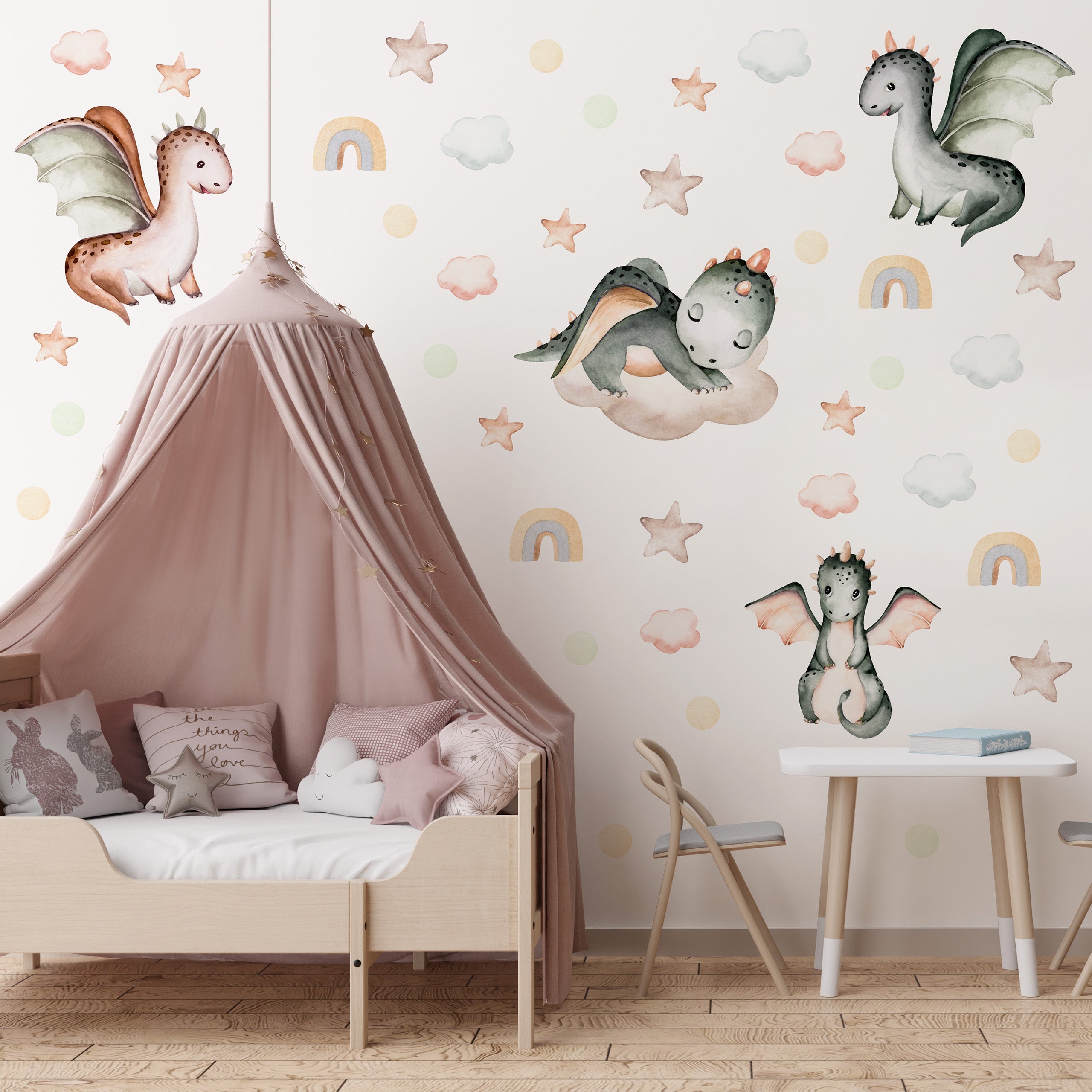Naklejki Dla Dzieci DINOZAURY Zwierzęta Chmurki Gwiazdy Styl Boho ZESTAW
