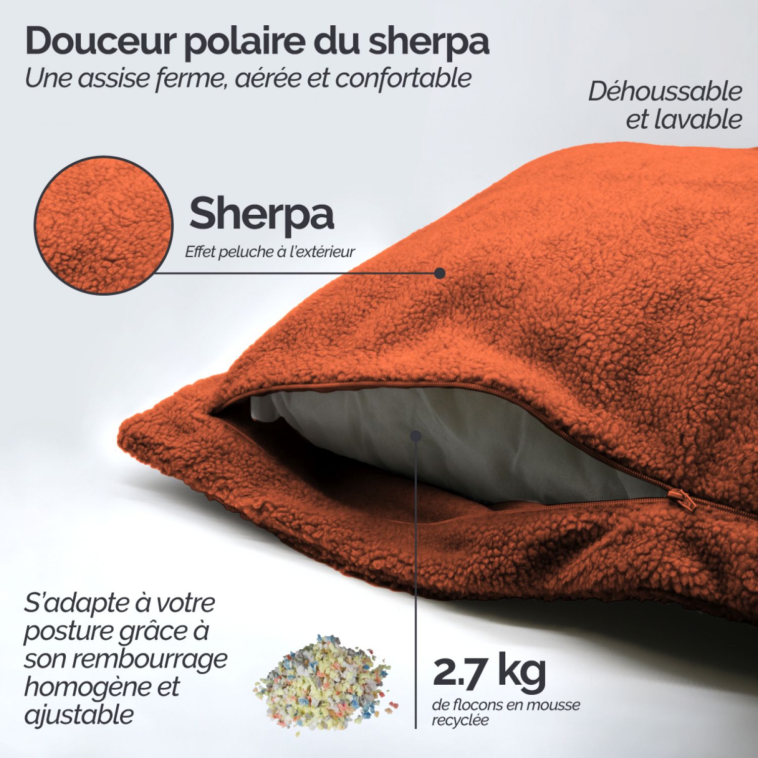 Pouf, fauteuil d'intérieur déhoussable - 90 x 140 cm - Sherpa - Terracotta - Vivezen - 3