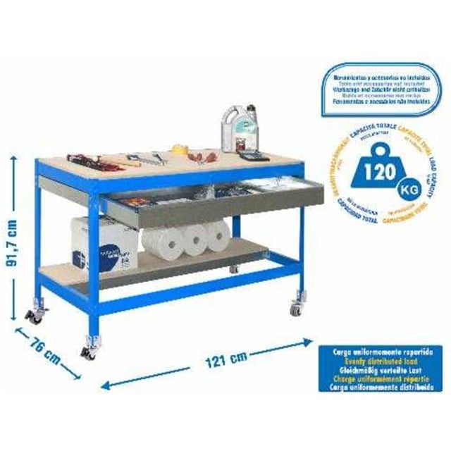 Tavolo da lavoro in metallo e montaggio senza viti SIMONWORK MOBILE BT0 BOX 1200 BLU/LEGNO