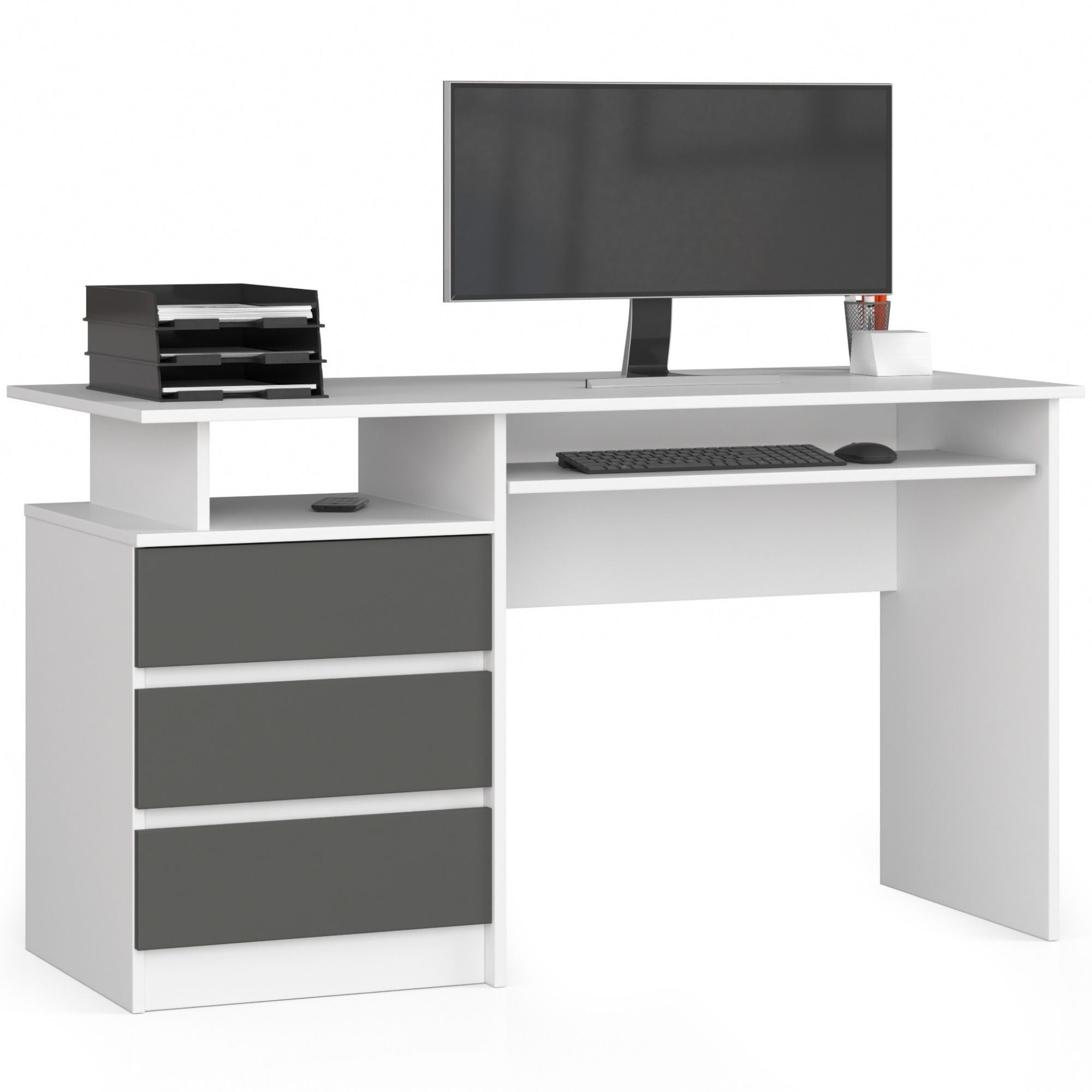 Biurko AKORD CLP Białe 135 cm 3 szuflady kolor Grafit Szary mat 2 półki 135x60x77 cm