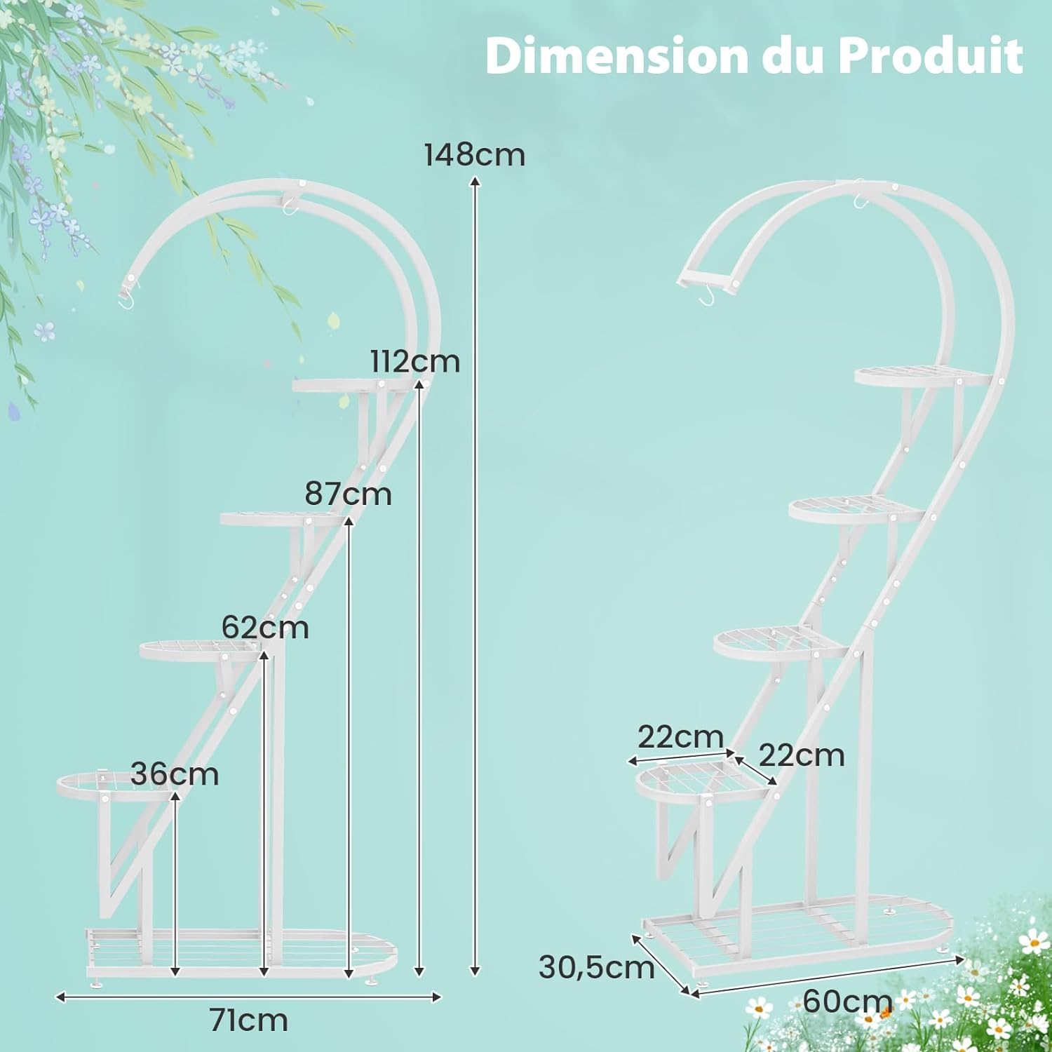 Support pour Plantes en Métal à 5 Niveaux, Étagère à Fleurs avec Crochet,71 x 30,5 x 148 CM (Blanc) - 3