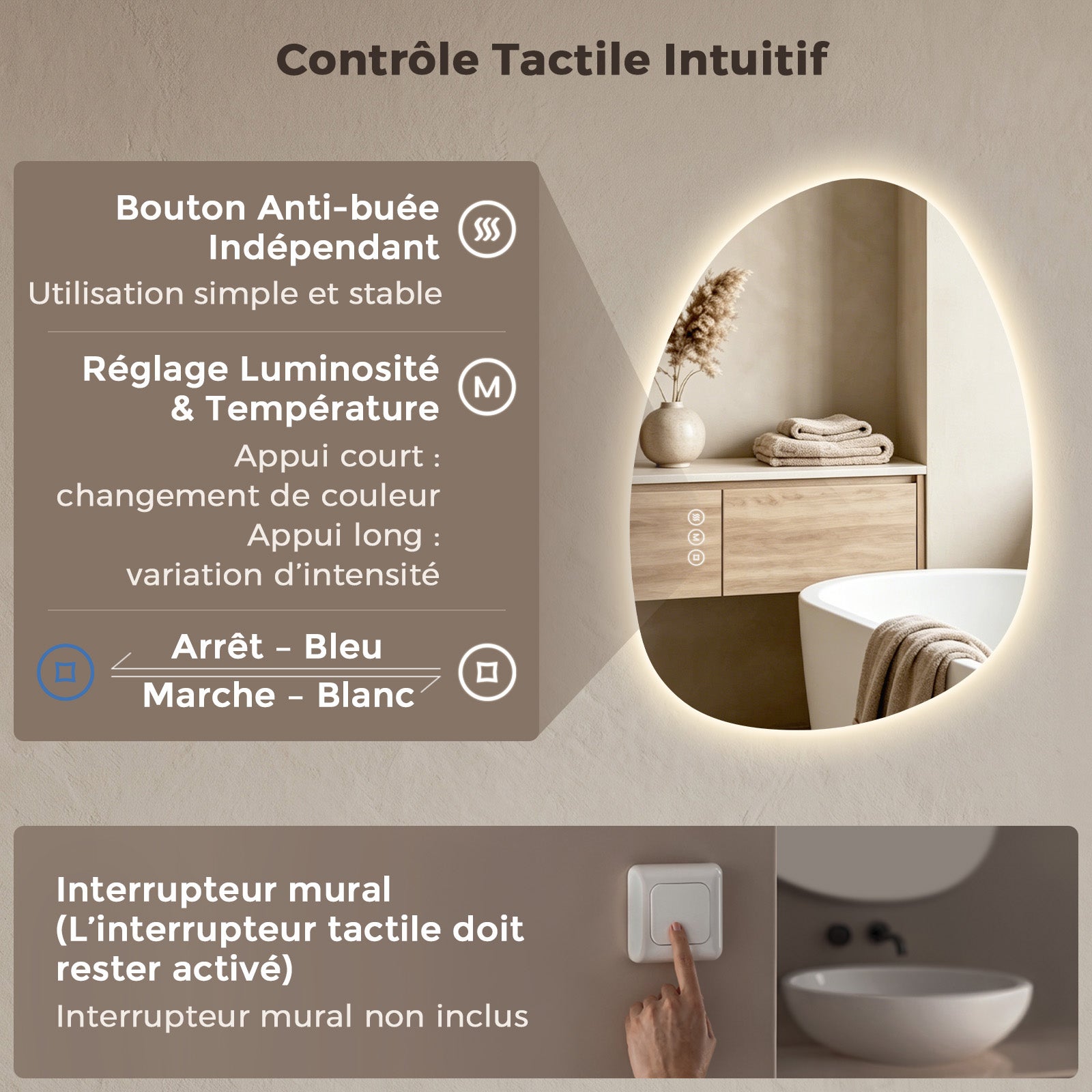 S'AFIELINA Miroir lumineux 60 × 45 cm Asymétrique 3 couleurs de lumière et luminosité ajustable - 4