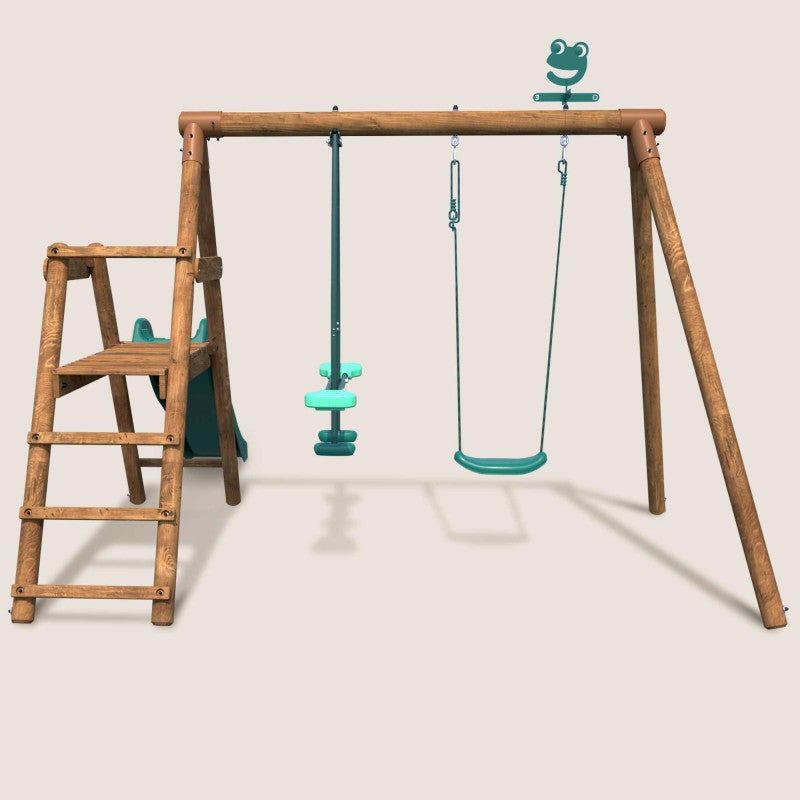 Portique en bois rond 2 agrès avec balançoire et face à face MENTHE - 2