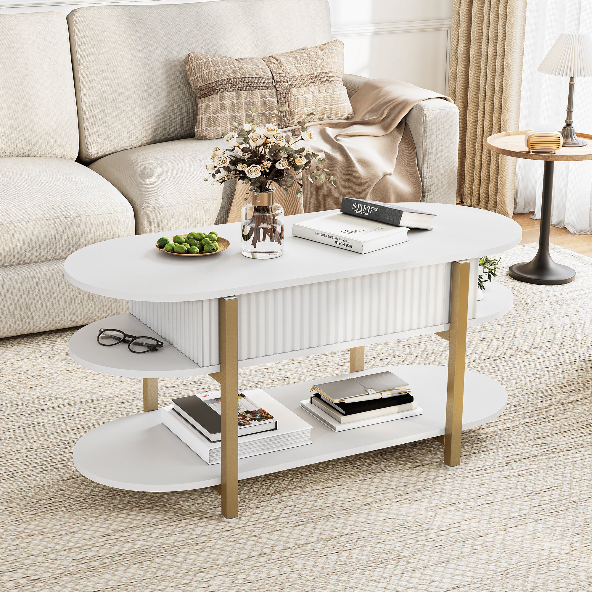 KEFSR Table Basse avec Plateau Relevable Bois MDF,Table de Salon Relevable Moderne avec Compartiment Caché et Étagère,Réglable,106x45x50cm,Blanc - 9