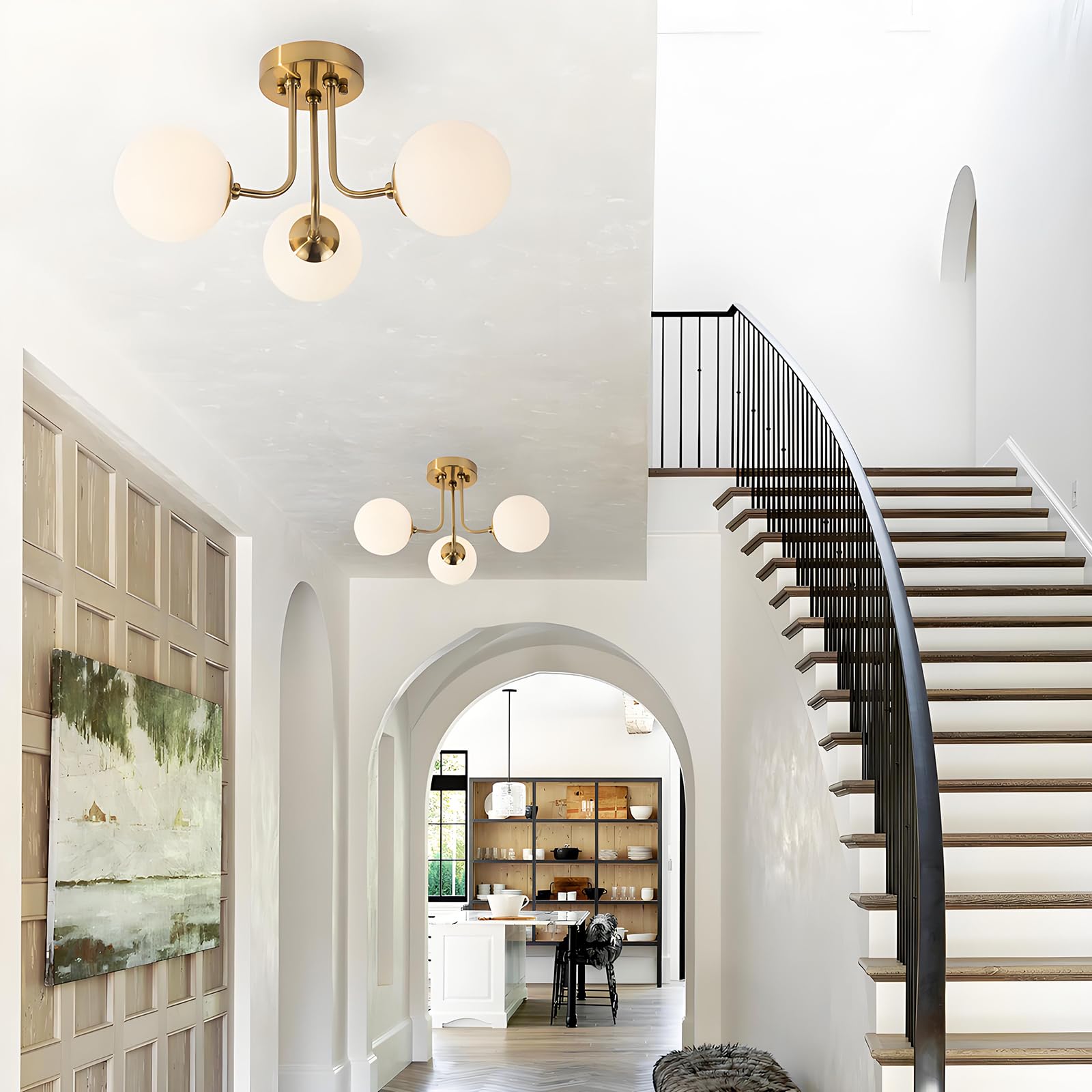Plafonnier doré à trois lumières de style médiéval-moderne, semi-encastré, convient aux salons et aux couloirs, douille G9 - sans source lumineuse - 4