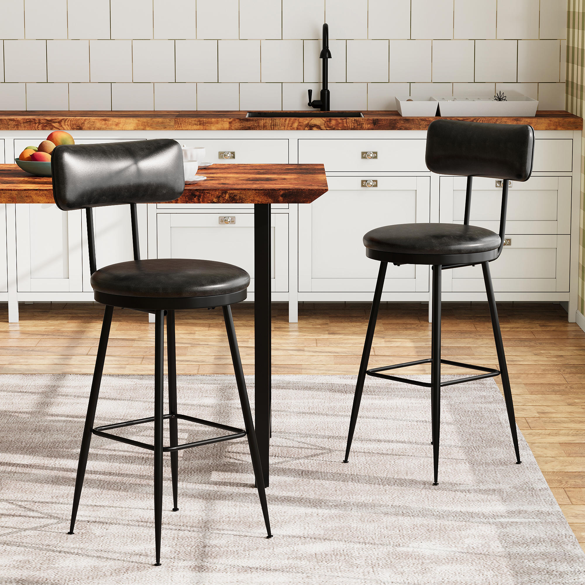 Tabouret de Bar,Lot de 2,Siège Rembourré,PU avec Coutures,Adapté pour Cuisine,Salle à Manger et Bar,Hauteur d'assise 65 cm,Noir - 3