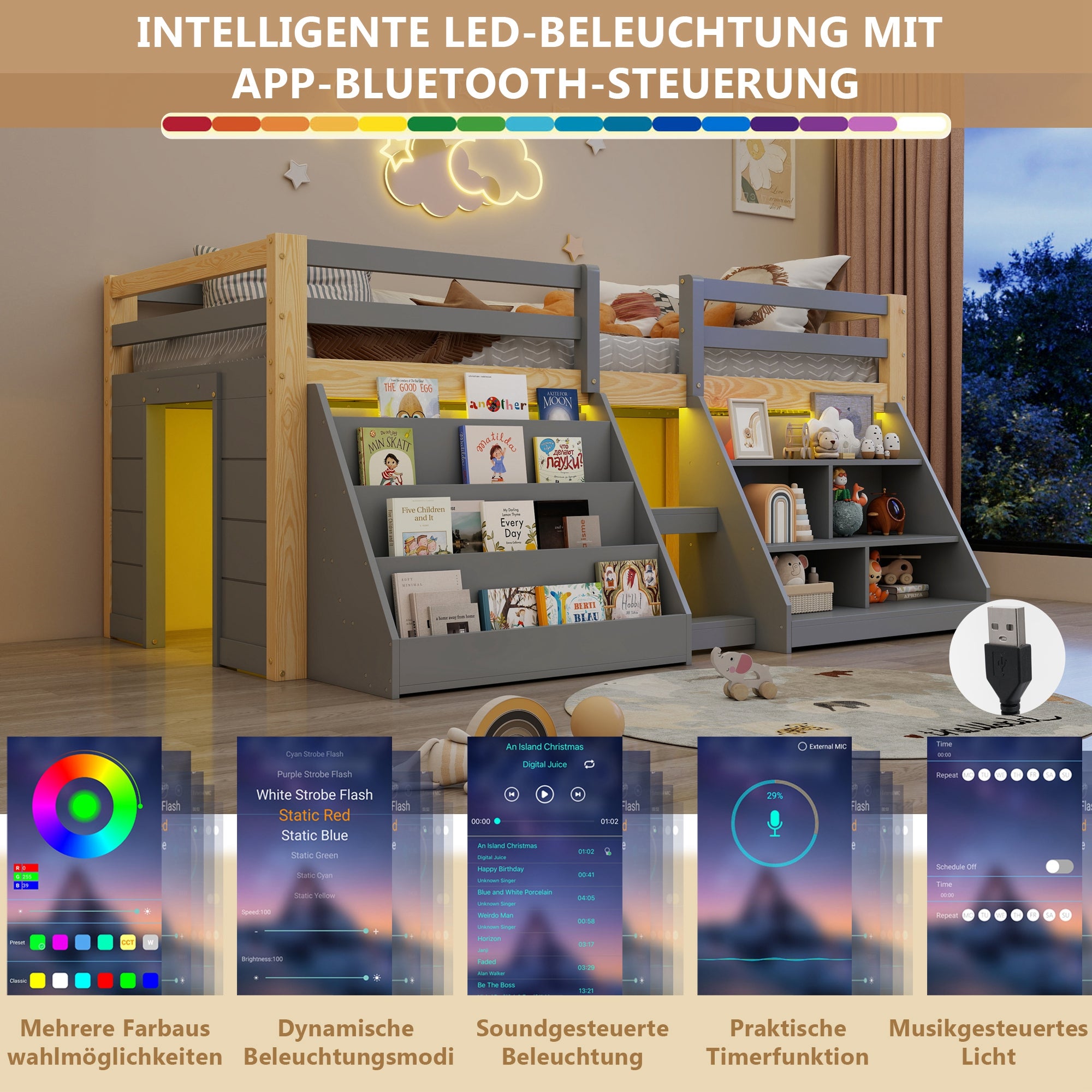 Lit mi-hauteur enfant 90 x 200 cm avec étagères et barrière de sécurité - Pin + MDF + contreplaqué - LEDs - Naturel + gris (Sans matelas) - 6