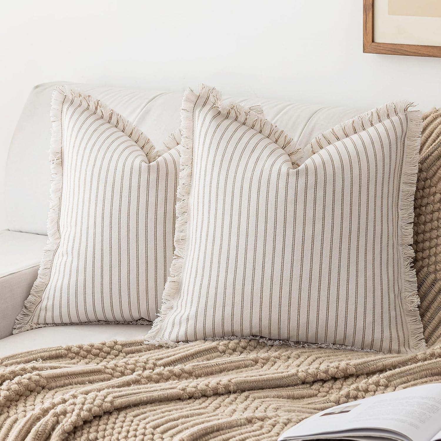 Lot De 2 Housses De Coussin Bohèmes Fait Main - Franges, Motifs Palmier - Beige Et Vert