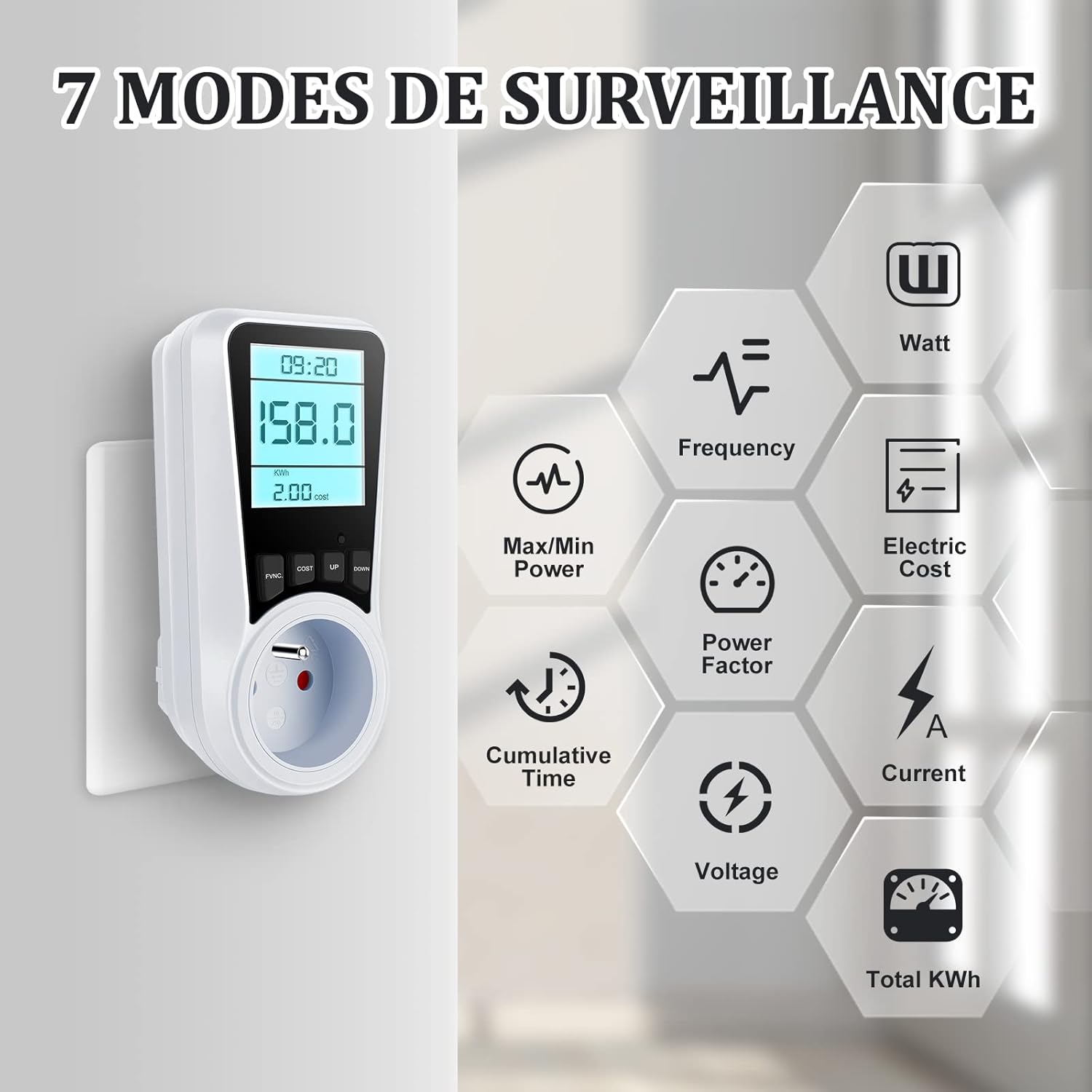Prise Compteur d'Énergie, Consommation d'Énergie avec 7 Modes Surveillance, Écran LCD Rétroéclairé, Prise Consommation Electrique 3680W MAX - 3