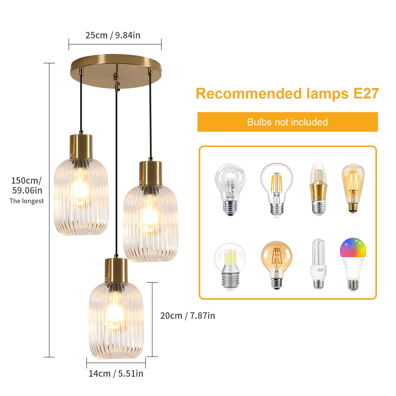 COMELY Suspension en Verre, Lustre Globe à 3 lumières en Laiton doré, luminaire Suspendu Moderne lumières pour Chambre, Salon,Verre transparent - 2