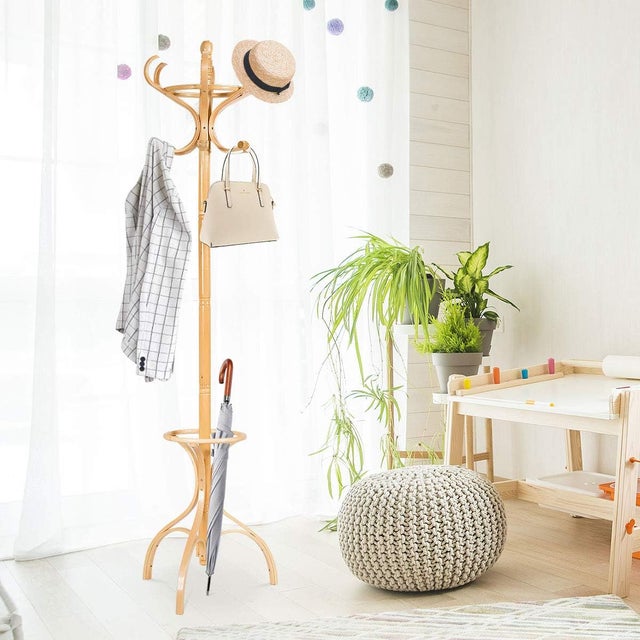 Porte-Manteau sur Pieds avec Support Parapluie, 2 Niveaux, 12 Crochets, Support Manteau en Bois, Hauteur 182CM pour Entrée, Salon (Châtain Clair)