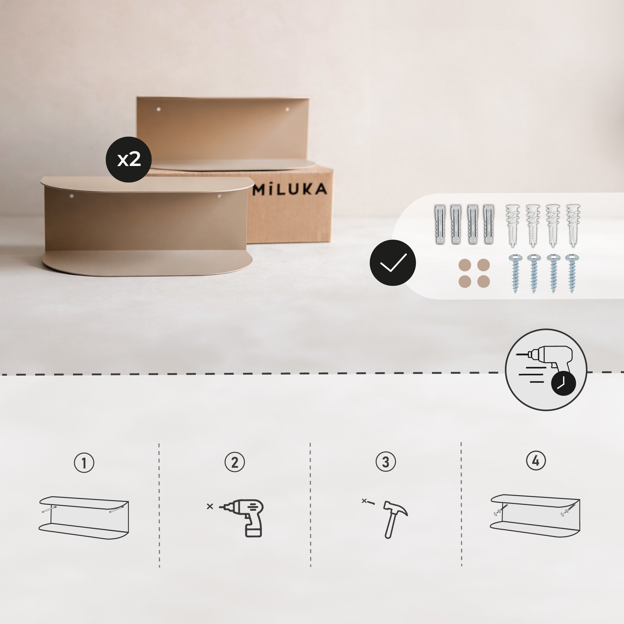 Set di 2 comodini sospesi Ovva in metallo beige sabbia L 40 x P17 cm - Mensole da muro design a 2 livelli | MILUKA - 7