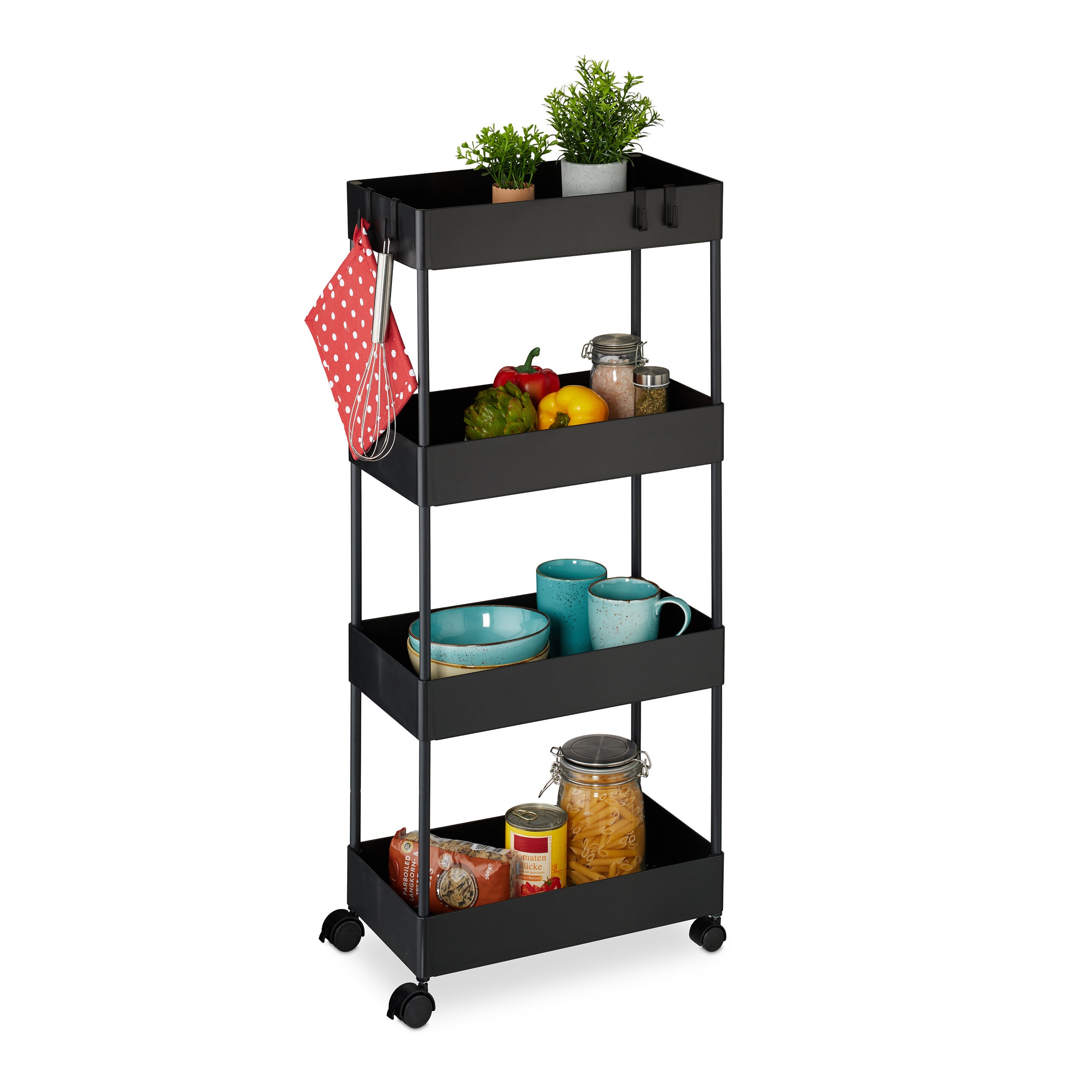 Relaxdays Rollwagen Mit 4 Ebenen & Haken - Schmaler Servierwagen Für Bad & Küche, Weiß, 93x40x22 Cm, 4 Rollen