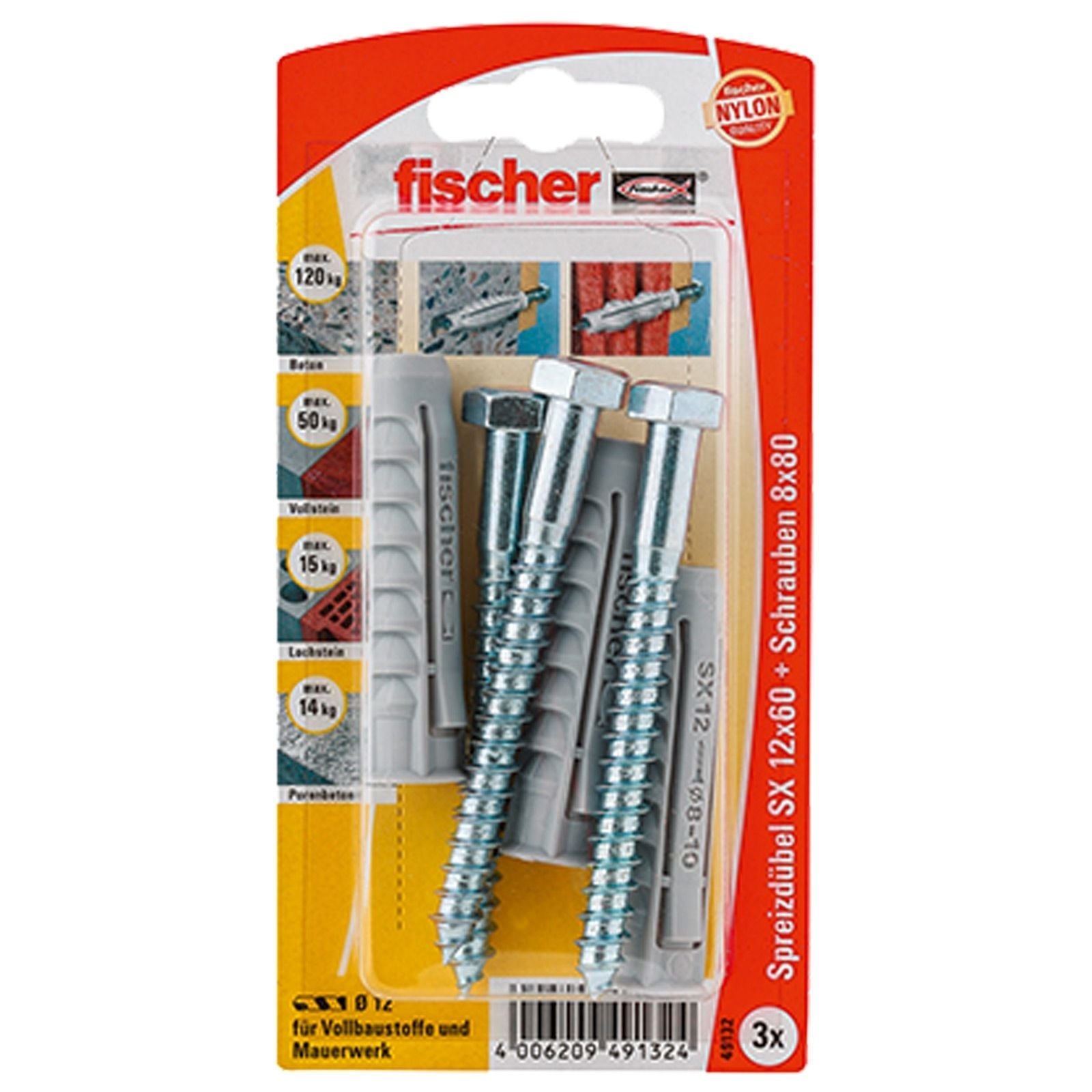 Fischer 3x Kołek rozporowy SX 12x60 S ze śrubą - 49132 Wyprzedaż