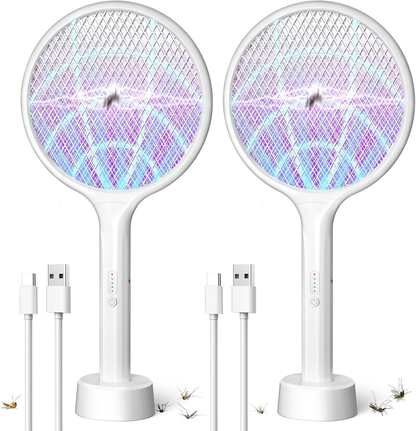Zestaw 2 elektrycznych łapek na muchy, komary 4000 V, komary 2 w 1, lampa na komary, biały
