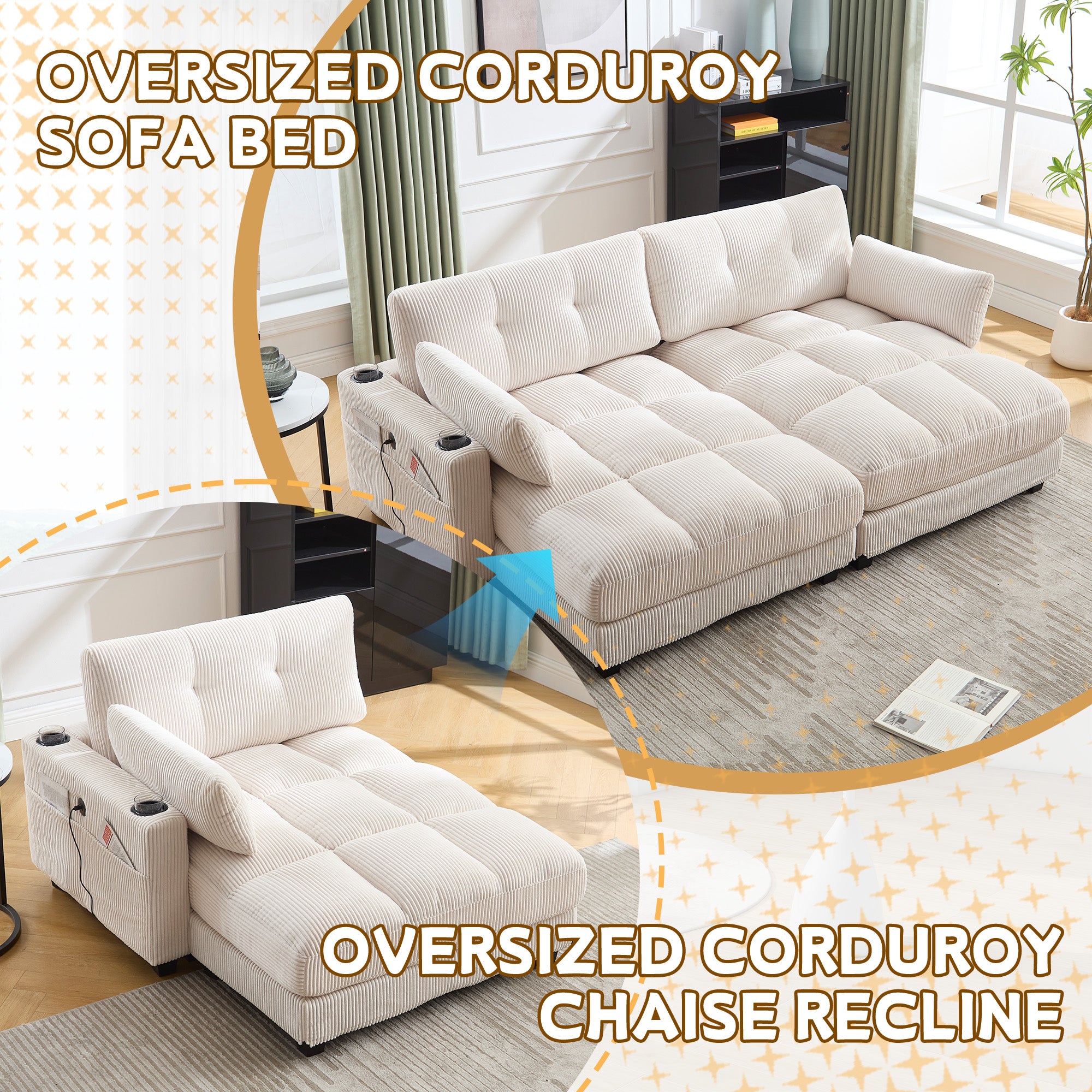 Fauteuil Relax , Fauteuil Relax Beige Rembourré avec Porte,Gobelets et Ports USB , Tissu Kordsamt - 6