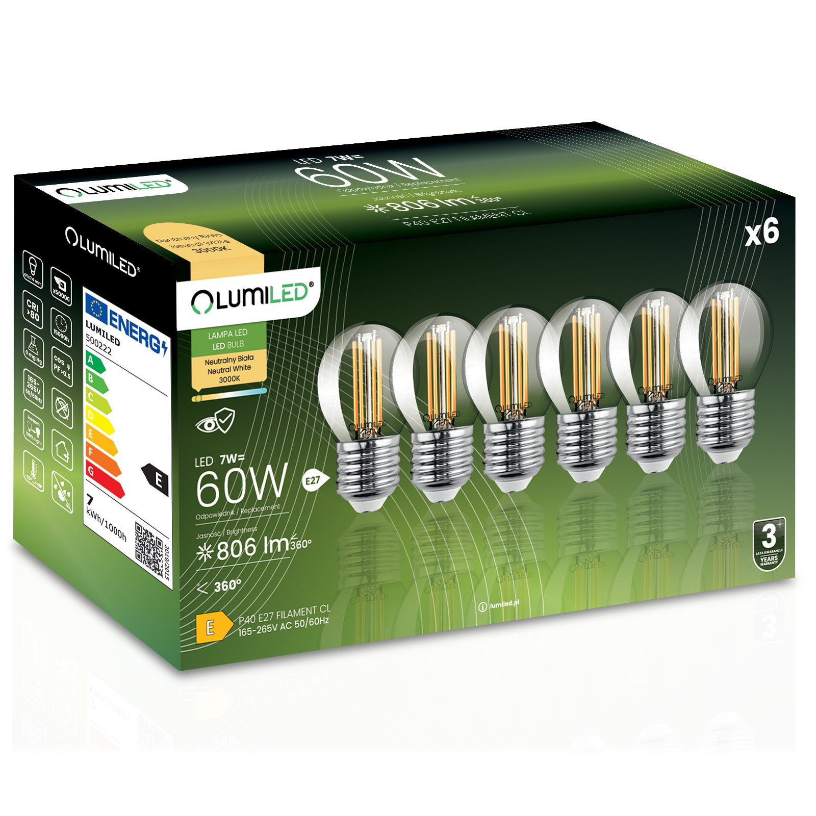 Żarówka LED Lumiled E27 Kulka P45 7W 806lm 3000K Ciepła biel 360st Filament 6 szt.