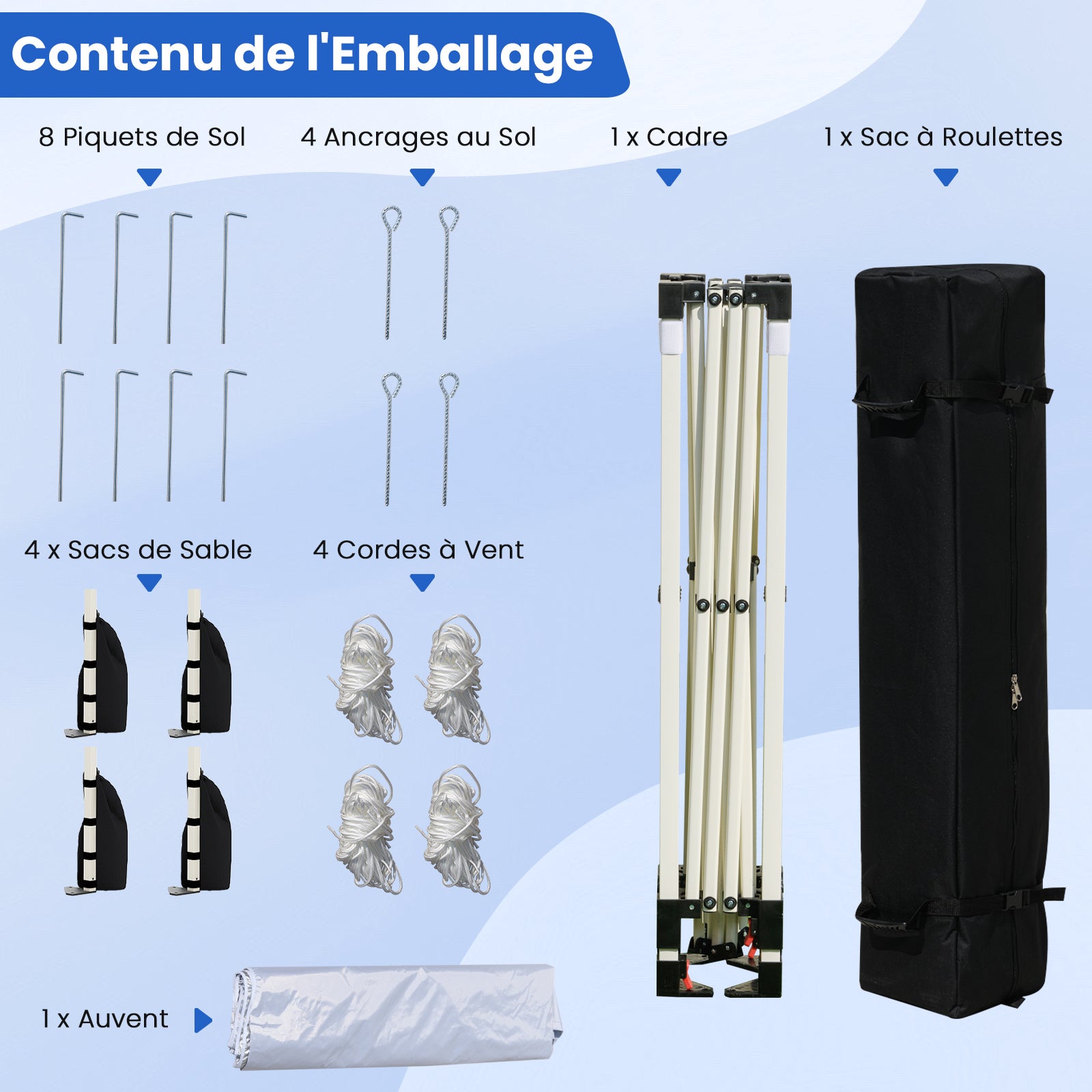 Carpa Plegable 3x3 m Impermeable, Cenador Jardin con Bolsa de Transporte sobre Ruedas, Altura Ajustable, Pergola Exterior con 4 Sacos de Arena, (Azul) - 7