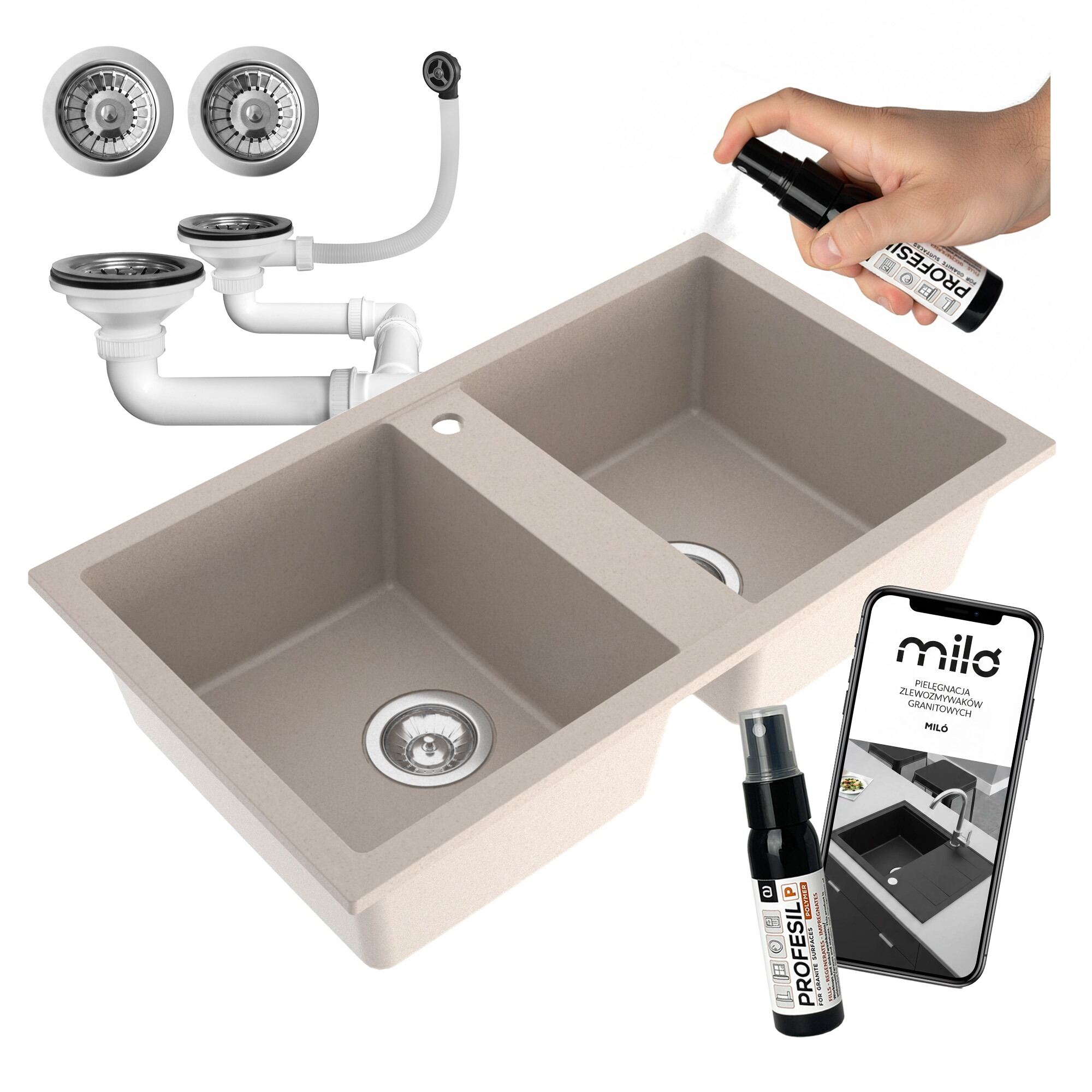 Zlewozmywak dwukomorowy Prado beżowy w zestawie z syfonem przyściennym