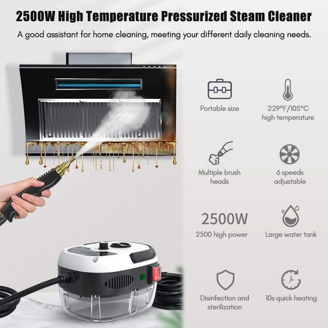 Limpiador a vapor portátil de 2500 W - Limpiador a vapor de alta temperatura - Con cabezales de cepillo - Para muebles de cocina, baño y coche - 2