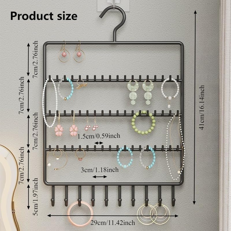 Organiseur de bijoux à suspendre à 5 niveaux, support mural multifonction en fer pour boucles d'oreilles, bracelets, colliers, bracelets, bagues - 4