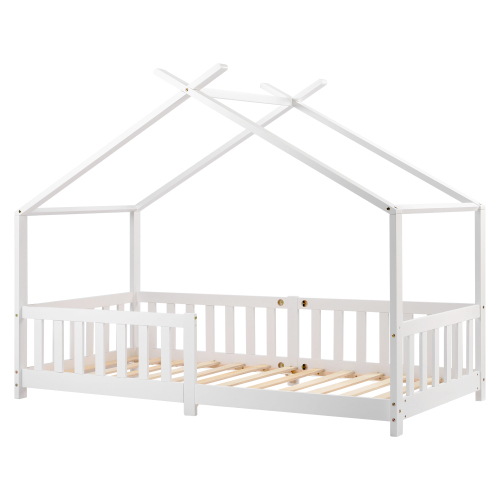 Lit cabane enfant 90x200 cm en bois avec clôture et sommier à lattes, pour chambre d'enfant et d'adolescent, blanc, sans matelas - 6