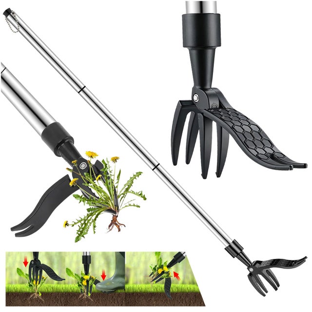 Desbrozadora Manual de Jardinería 100 cm | Arrancadora de Malas Hierbas con 3 Garras de Acero Inoxidable y Pedal para Eliminar Raíces