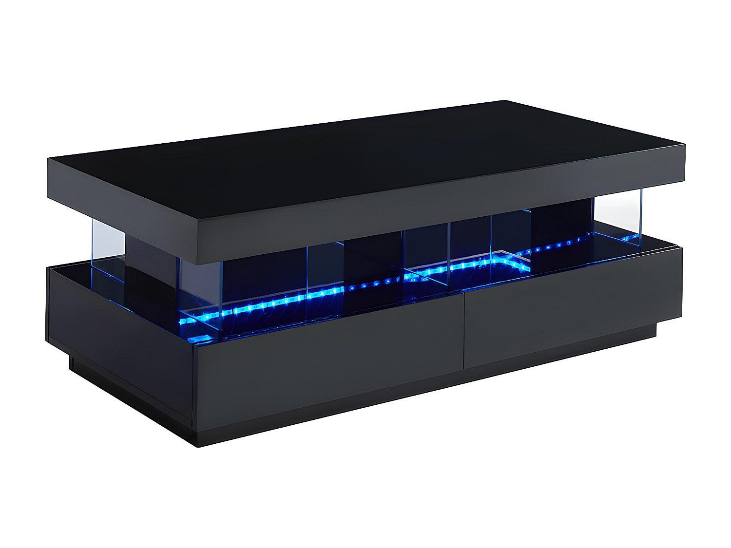 Stolik kawowy - Płyta MDF - Diody LED - 2 szuflady i 2 wnęki - Czarny - FABIO II