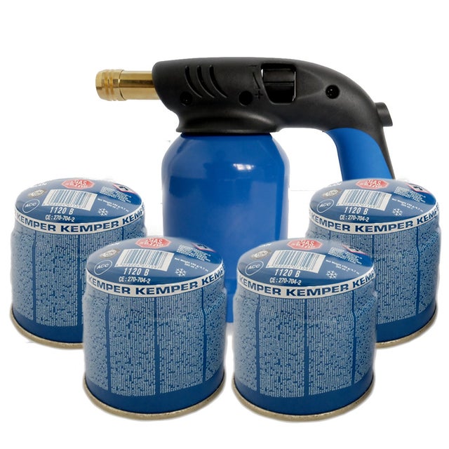 Lampe a souder Coque Acier Allumage piezo + 4 Cartouches de gaz 190gr STOP GAZ Perçables KEMPER
