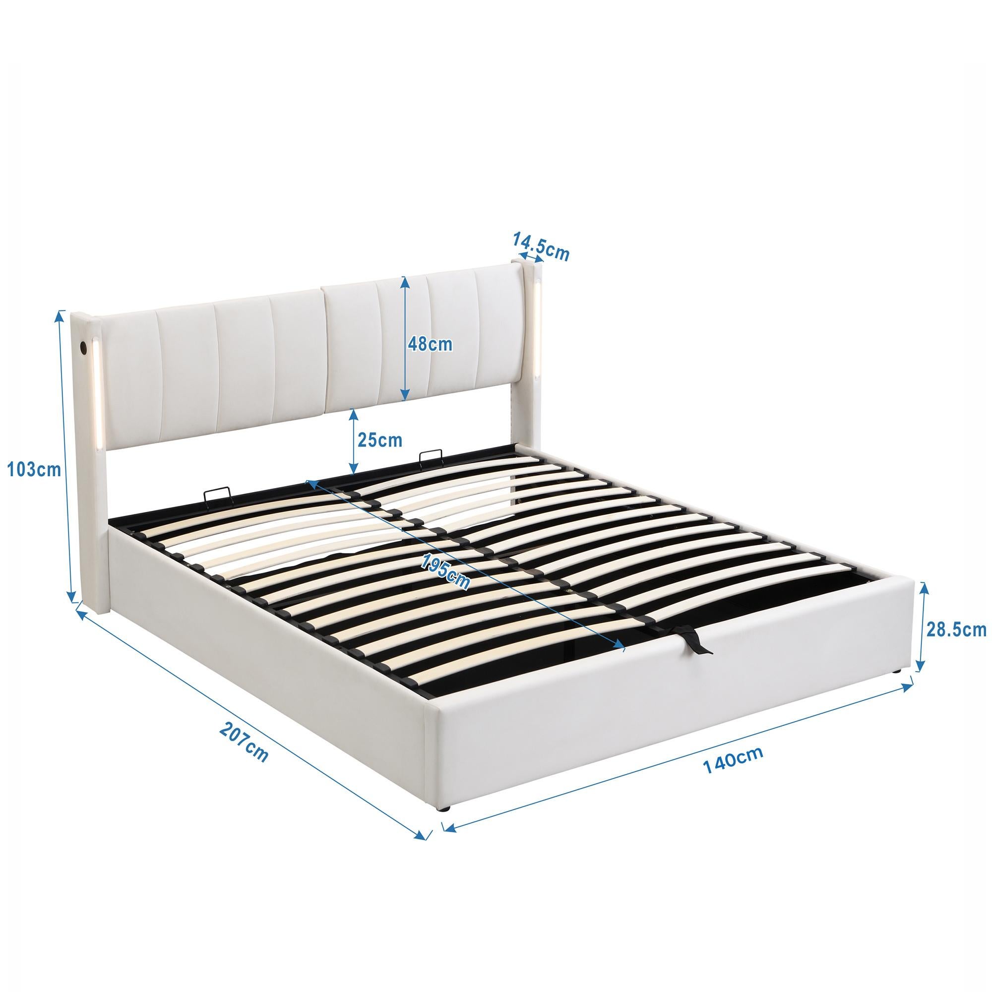 Lit Multifonctionnel LED avec USB Rechargeable, 140*200cm, Éclairage LED et Tête de Lit Réglable en PU Étanche, Lit Hydraulique avec Rangement - 9