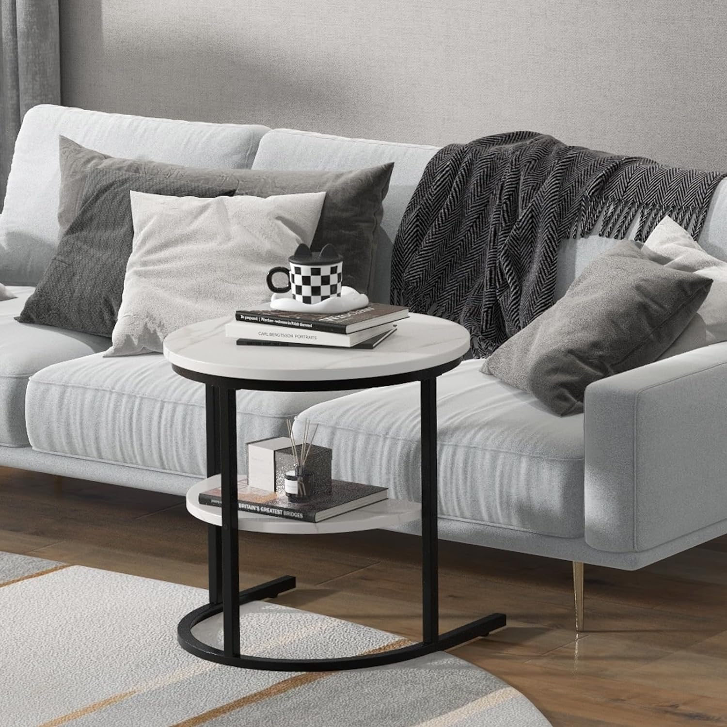 Juego de 2 mesas con mesa rectangular extraíble y mesa redonda, de imitación de mármol blanco, mesa auxiliar moderna para salón, blanco y negro - 8