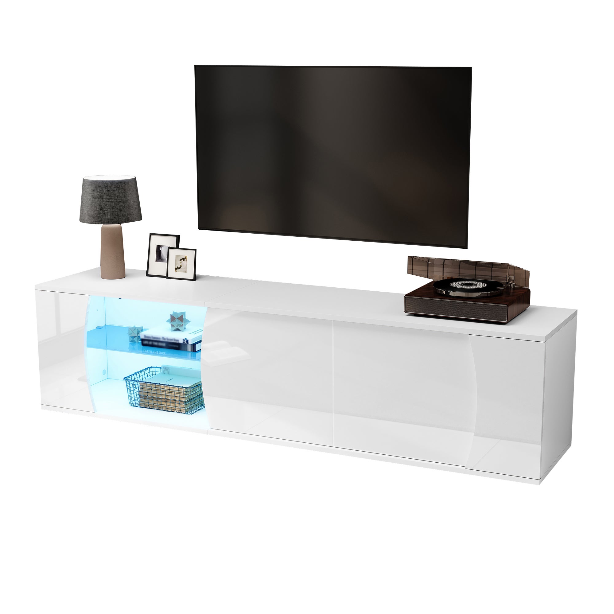 Stojak pod TV z 3 drzwiami do telewizorów do 80 cali - 180 x 40 x 45 cm - Płyta wiórowa - Diody LED - Biały