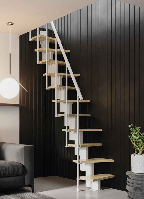 Escalier 2 quart tournant 13 marches - Hauteur à franchir de 2.80m à 3.32m - Largeur 60cm - Couleur bois et blanc - SMALL60/U/SBNAT-13 - 4