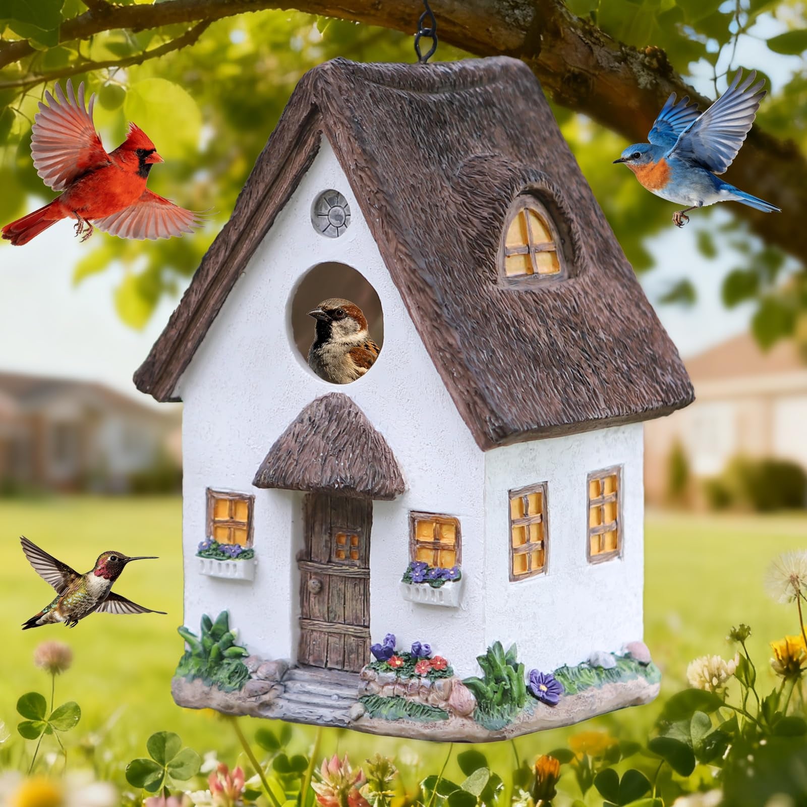 AULEDIO Casa para Aves, Suspensa e Impermeável, Abrigo Durável para Ninhos de Aves Silvestres em Jardins e Quintais (Branca) - 2