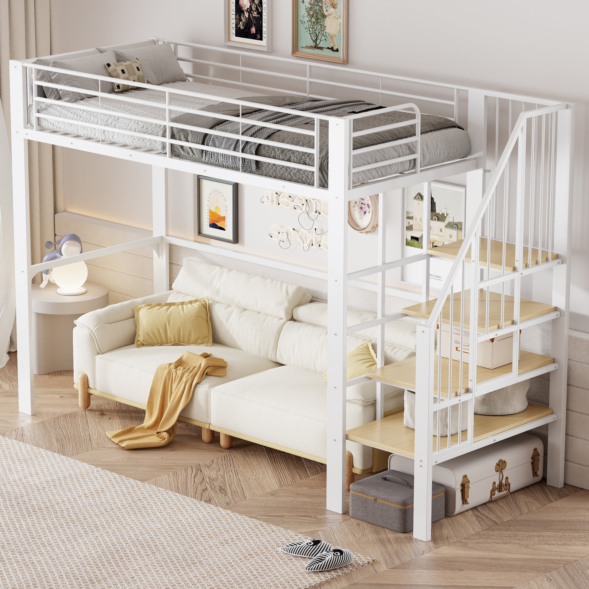 Lit mezzanine en métal 90 x 200 cm, lit d'enfant avec escalier, lit superposé avec sommier à lattes pour adulte et enfant, blanc (sans matelas) - 3