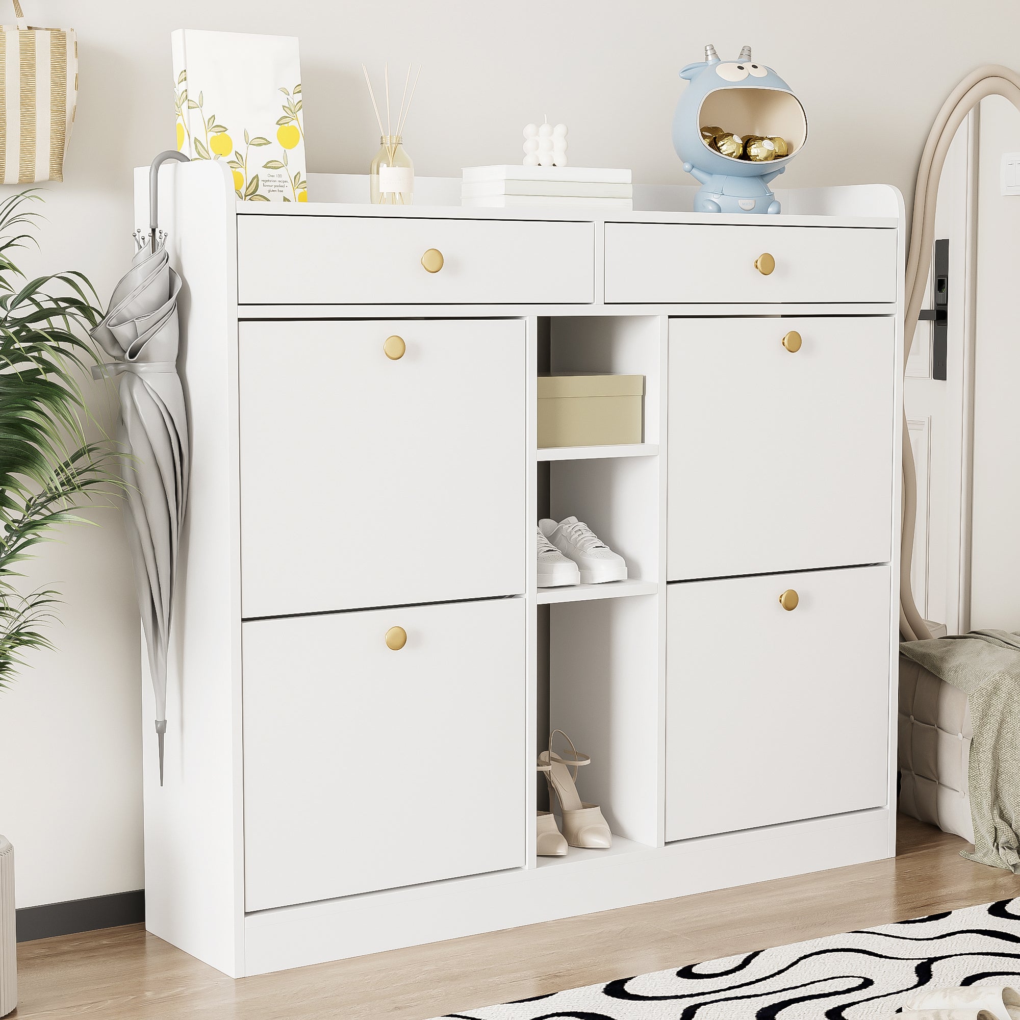 Szafka na buty z 2 szufladami, 3 otwartymi przegrodami i 4 drzwiami uchylnymi - 110 x 26 x 100 cm - Płyta wiórowa - Biała