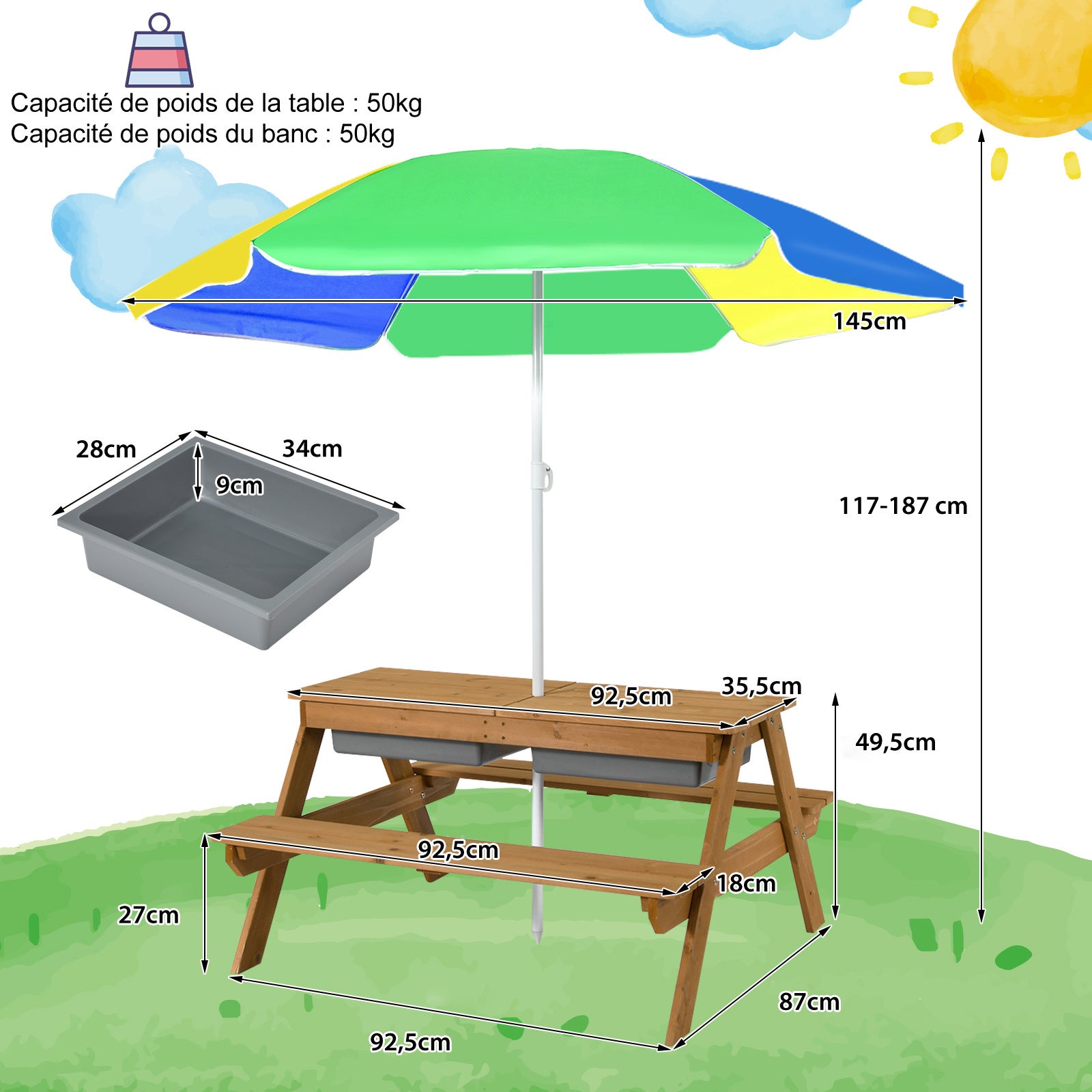 3 en 1 Table de Pique-Nique Enfants avec Parasol et Plateau Amovible, 2 Boîtes pour Sable & Eau pour 4 Enfants de 3-7 Ans, Charge 50kg (Bleu+Jaune) - 3