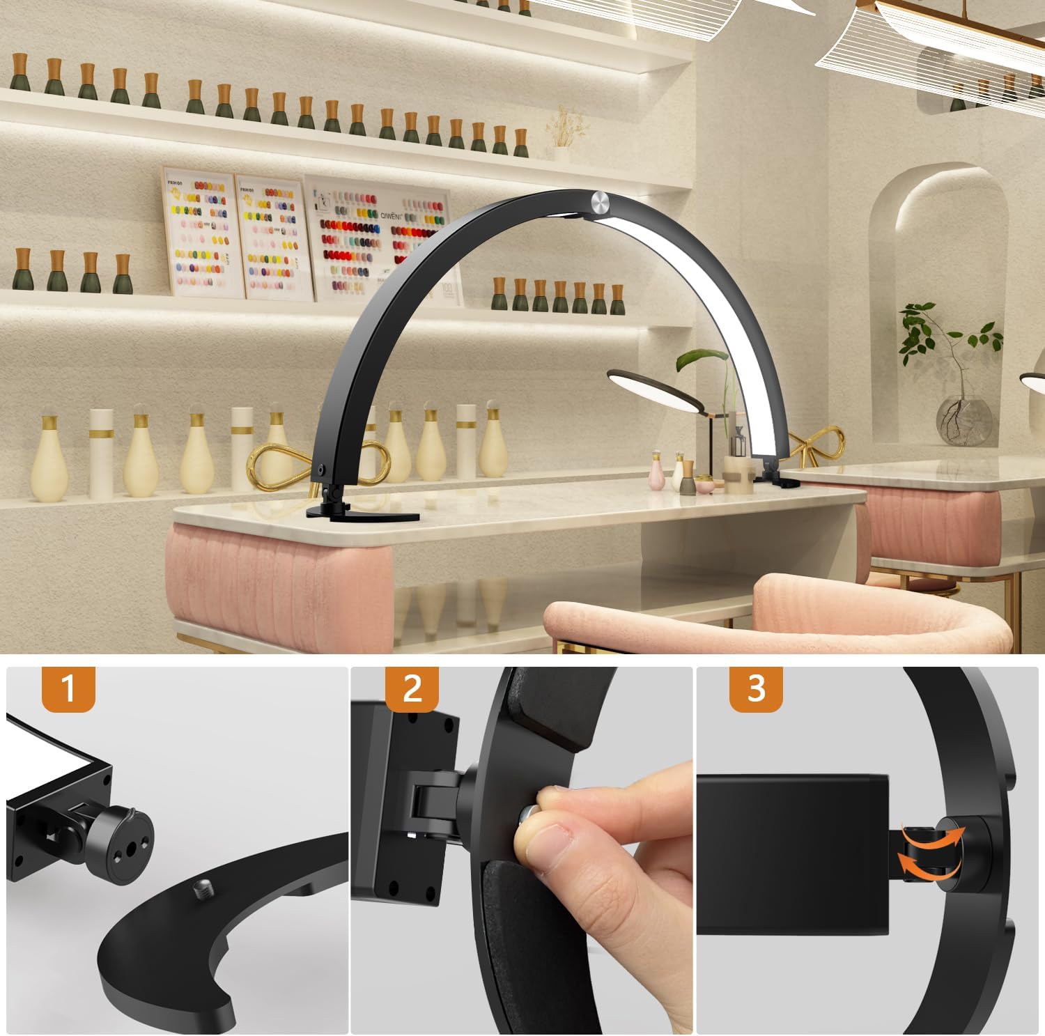 Luz da lua para mesa de unhas com suporte de telefone, lâmpada de tecnologia de unhas de 29 polegadas, lâmpada de mesa de unhas com controlador de fio - 3