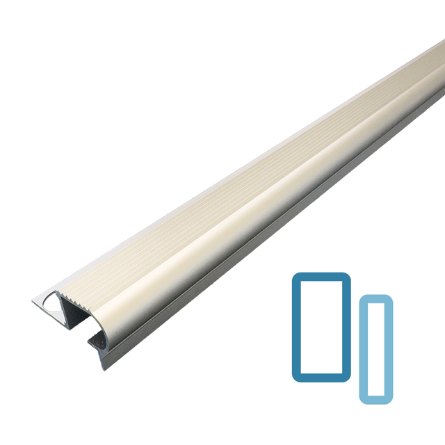 Nez de Marche Escalier Arrondi Argent Mat 10 mm Antiderapante Décoratif EXTERIEUR / INTERIEUR pour carrelage. L 2,5m. Aluminium Anodisé.